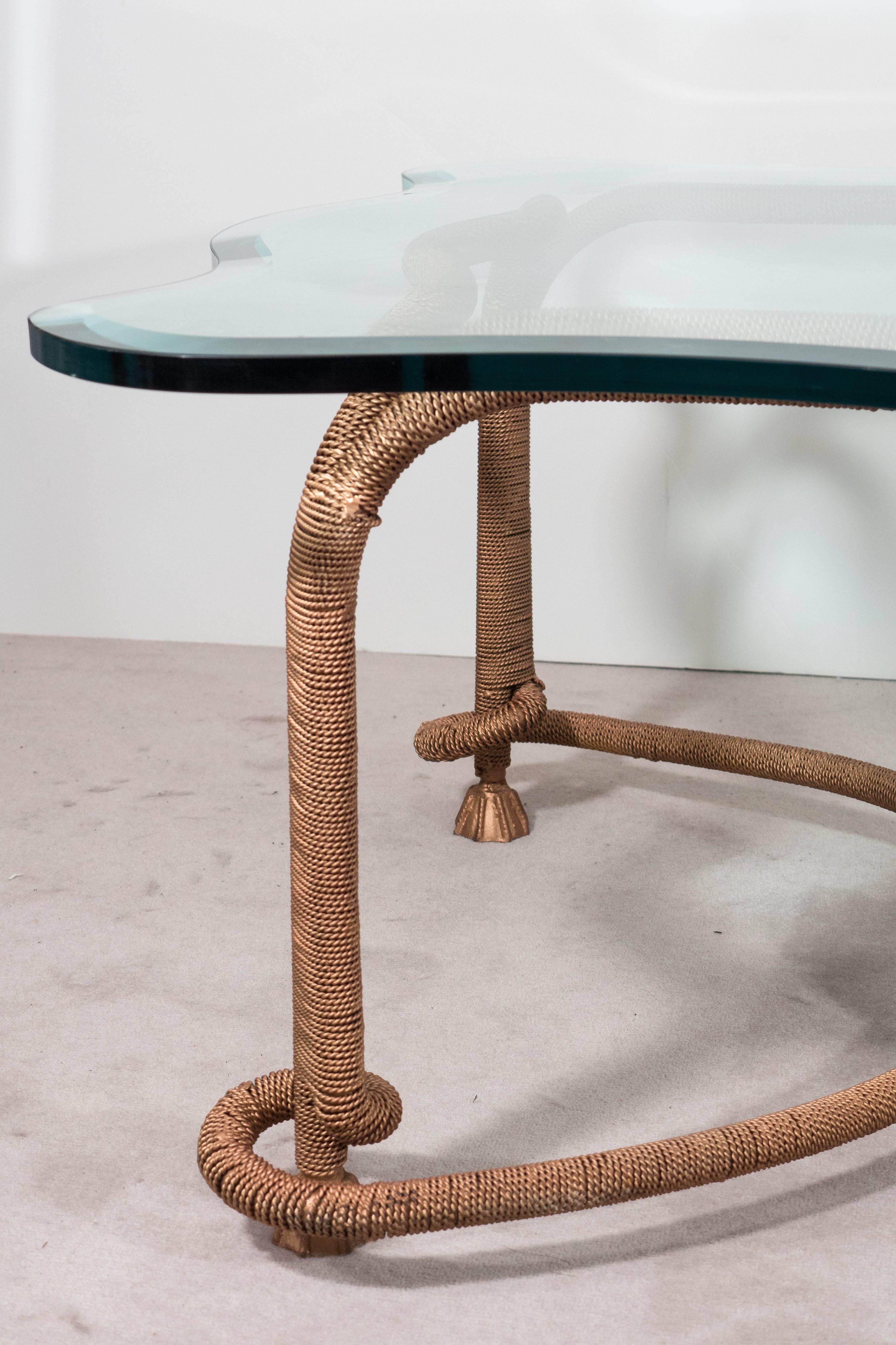 Modern Glass Top Coffee Table with Distinctive Gilt Coiled Frame