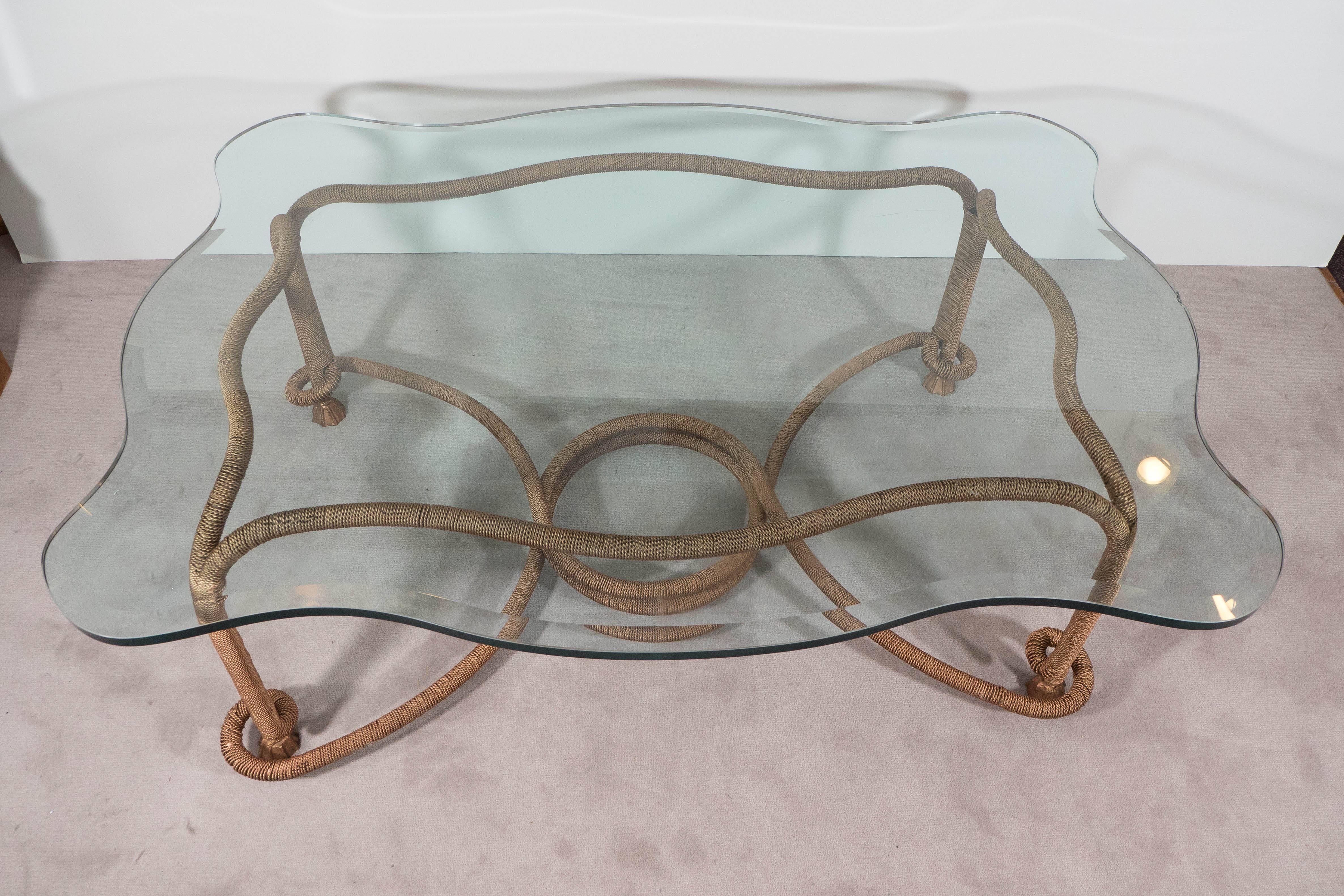 Beveled Glass Top Coffee Table with Distinctive Gilt Coiled Frame