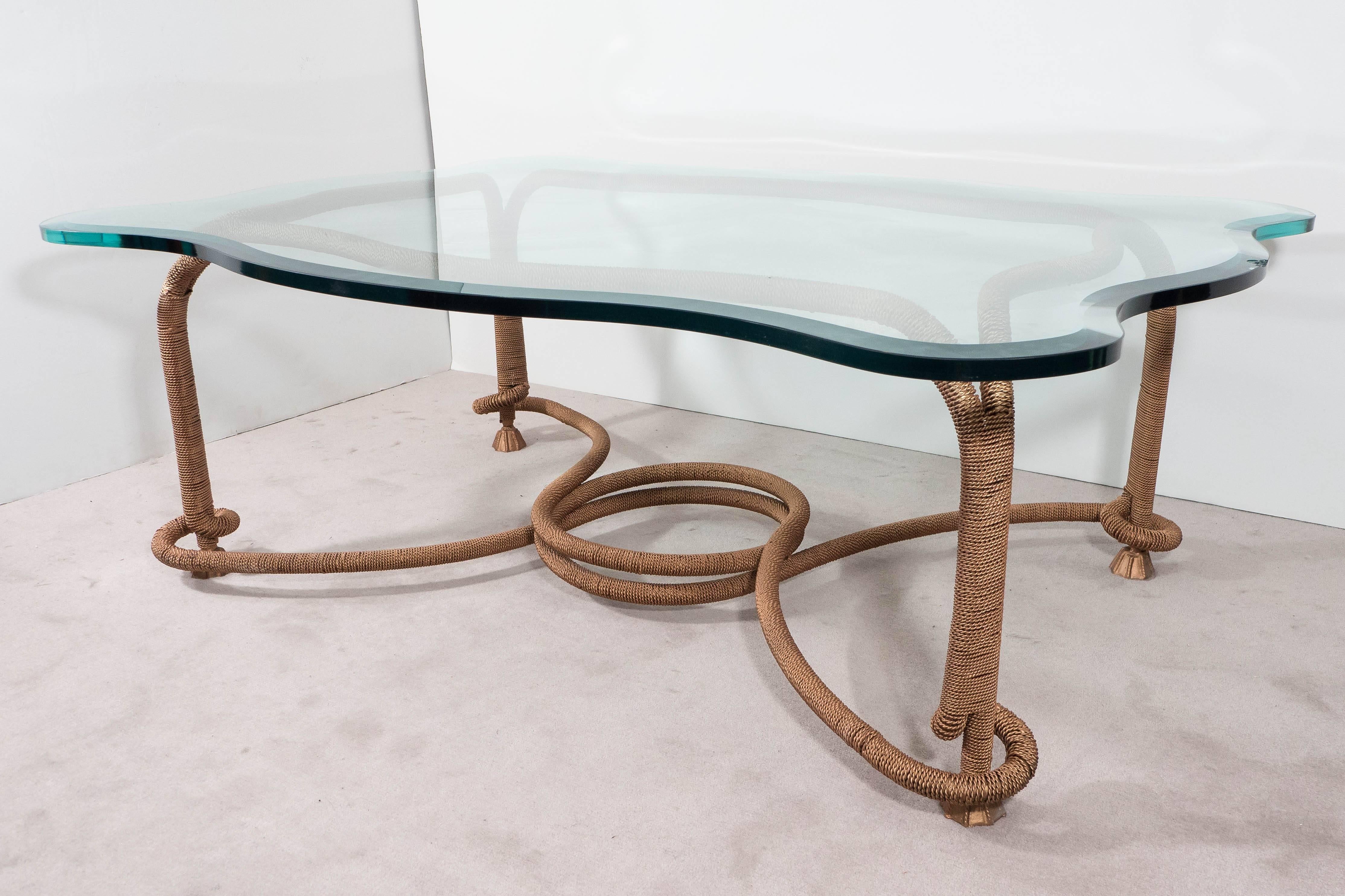 Metal Glass Top Coffee Table with Distinctive Gilt Coiled Frame