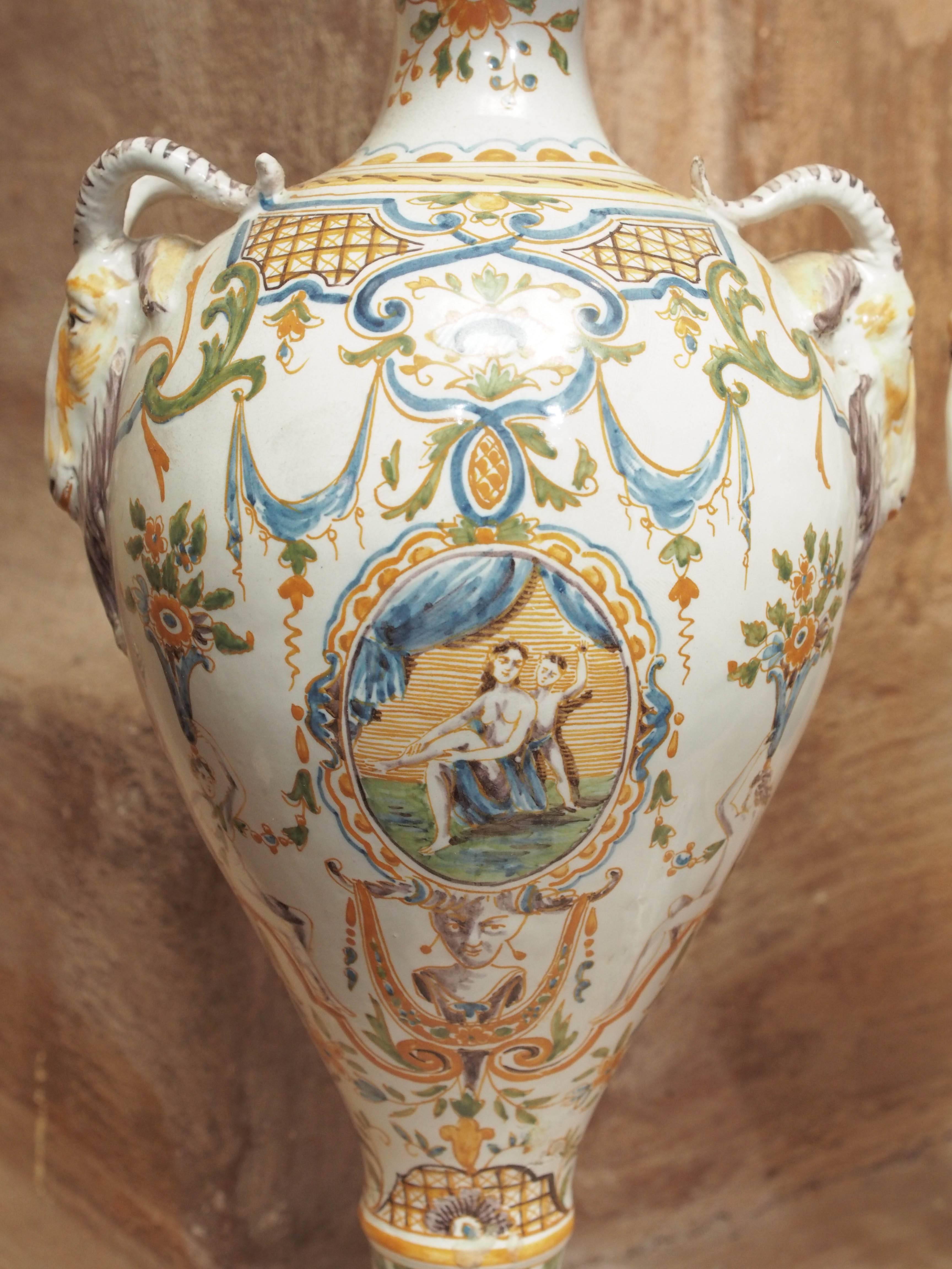 Louis XVI Pair of 18th Century Signed Moustier Urns For Sale