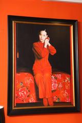 Painting by Hanoi Artist "The Muse", Red and Black, C 2007, Large Black Frame