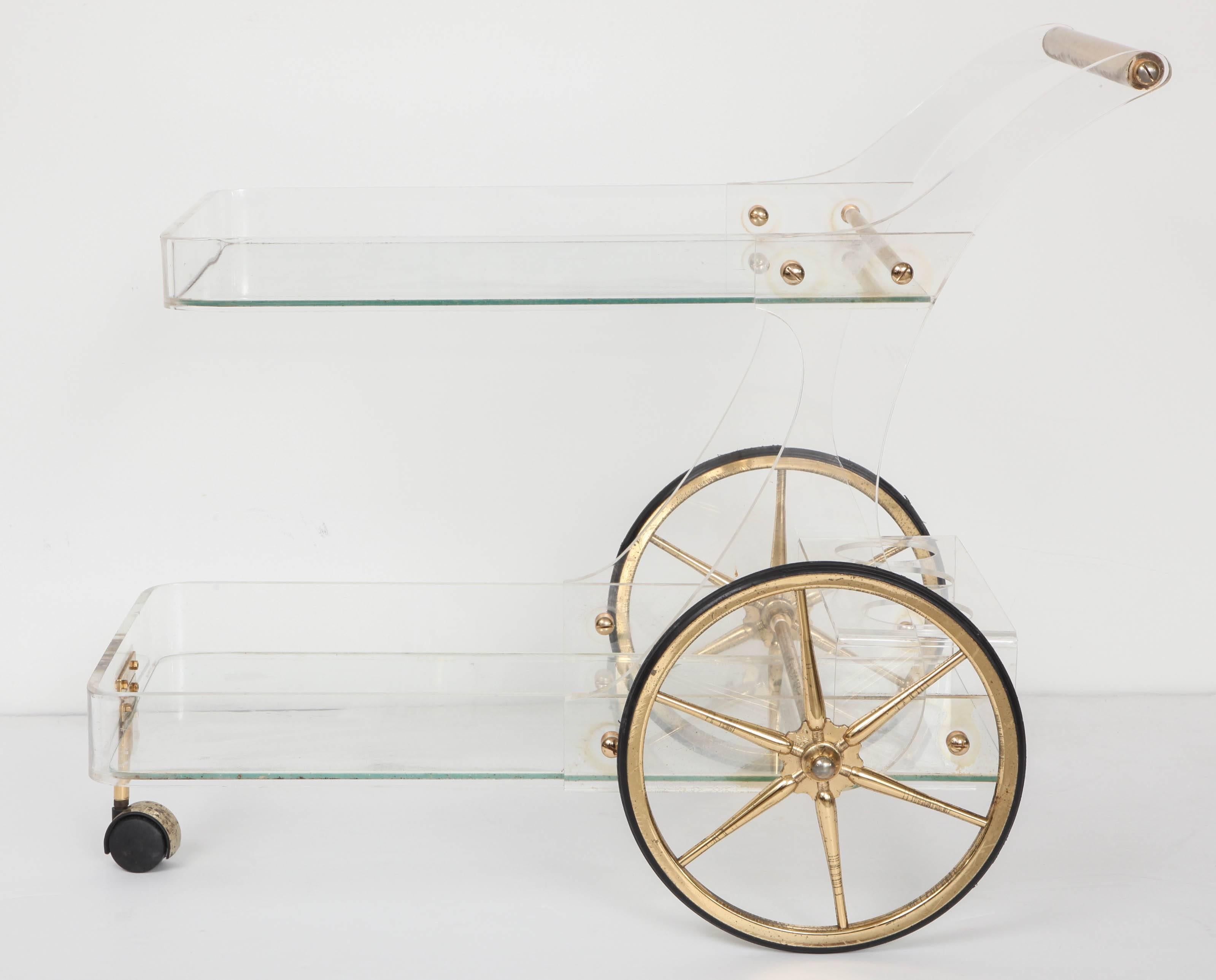 Lucite and Brass Rolling Bar Cart For Sale 1