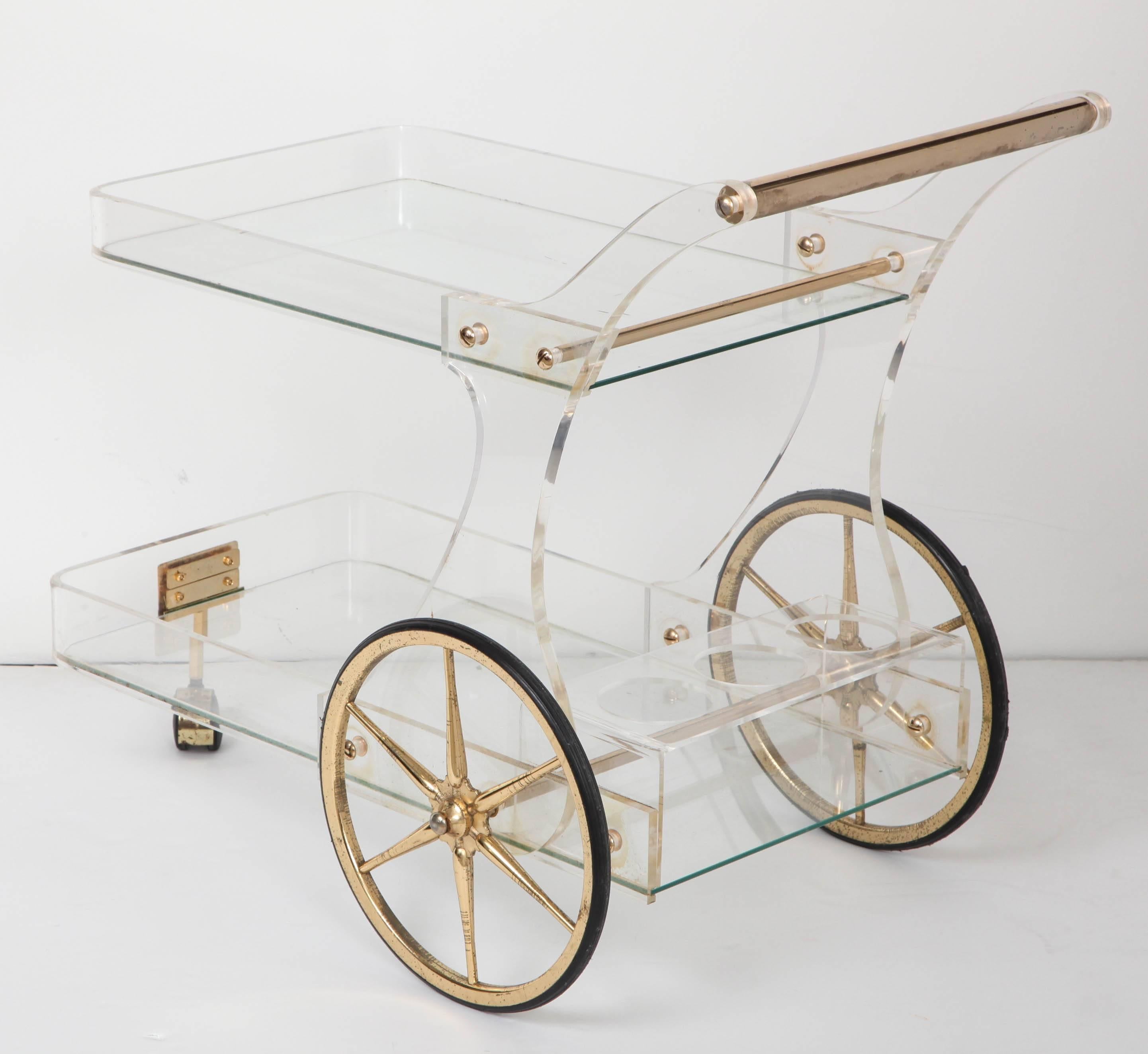 Lucite and Brass Rolling Bar Cart For Sale 3