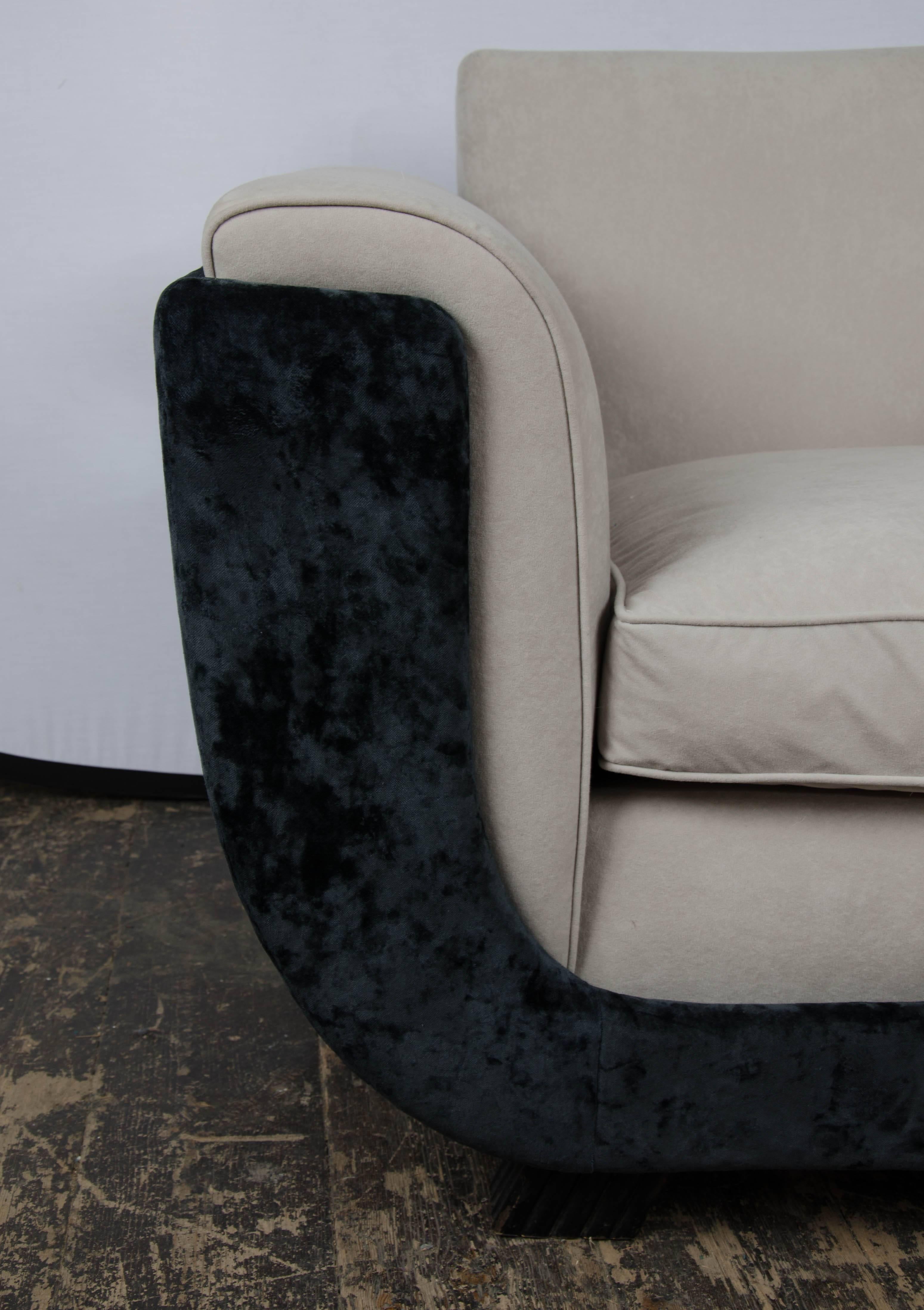 A large pair of armchairs Italian 1940s, been re-upholstered in combination of dark blue light gray velvets.