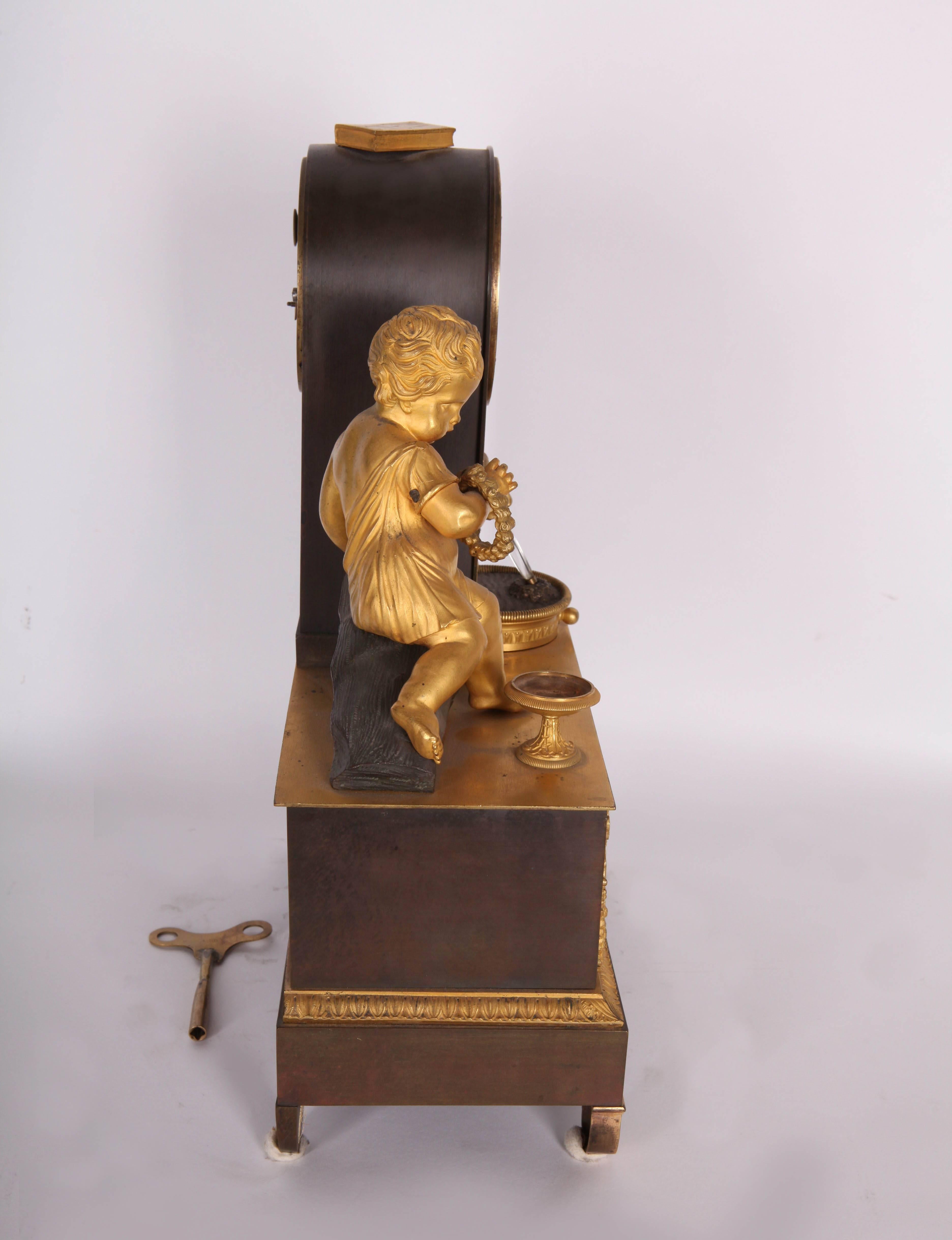 19th Century French Empire Gilt and Patinated Bronze Mantel Clock For Sale 3