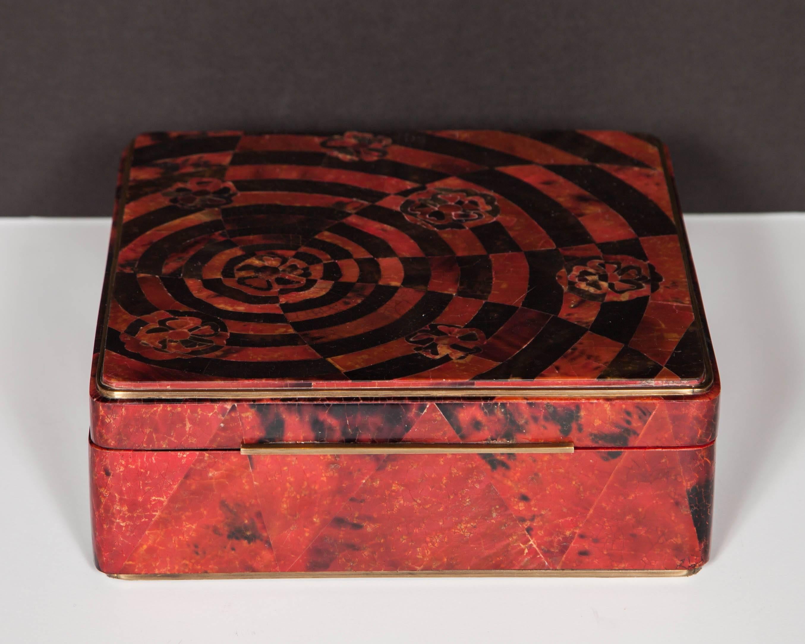 Mid-Century Modern Pen Shell Box in Ruby Red with Geometric Inlay Design