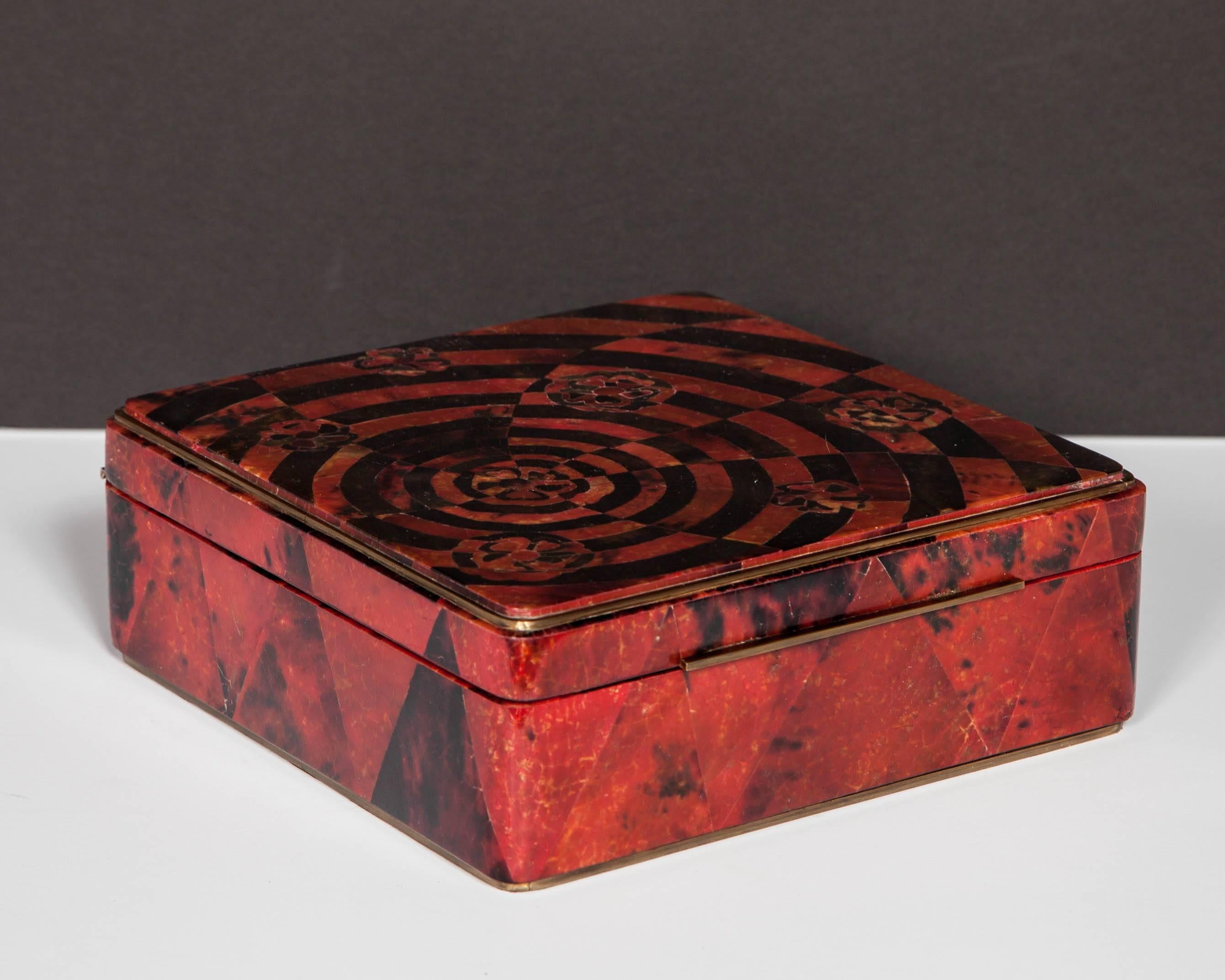 French Pen Shell Box in Ruby Red with Geometric Inlay Design