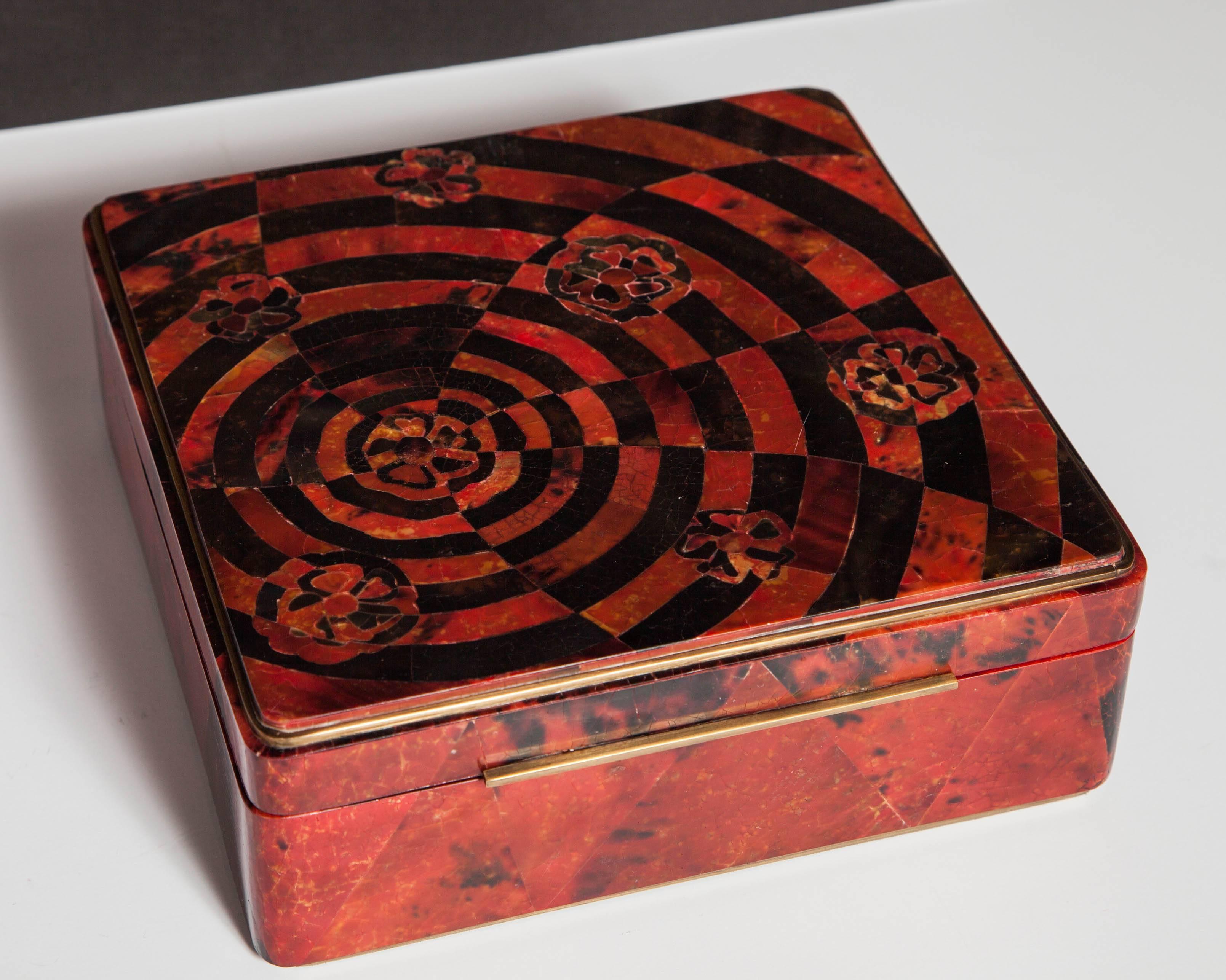 20th Century Pen Shell Box in Ruby Red with Geometric Inlay Design