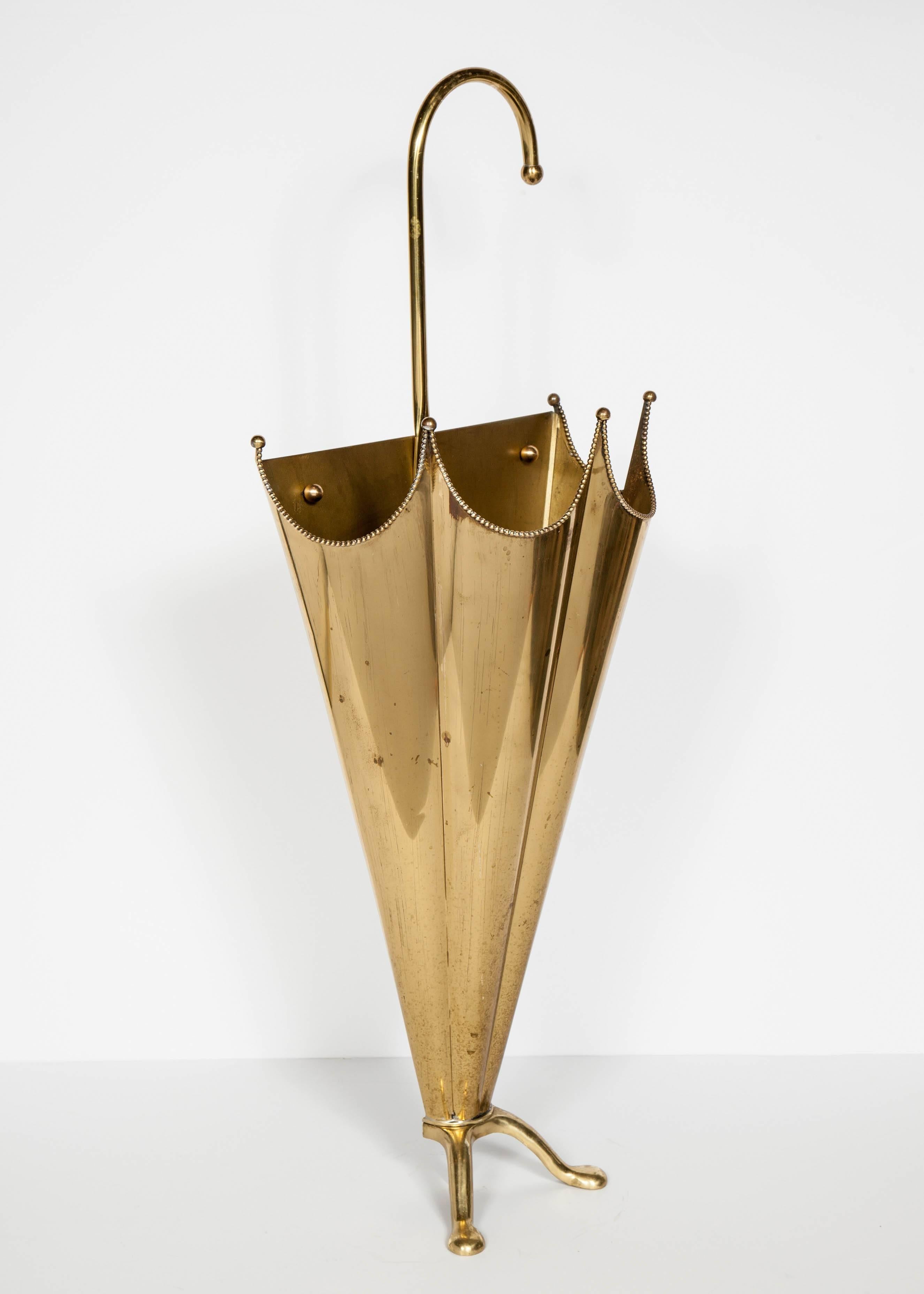 Patinated French Mid-Century Modern Footed Umbrella Stand in Brass