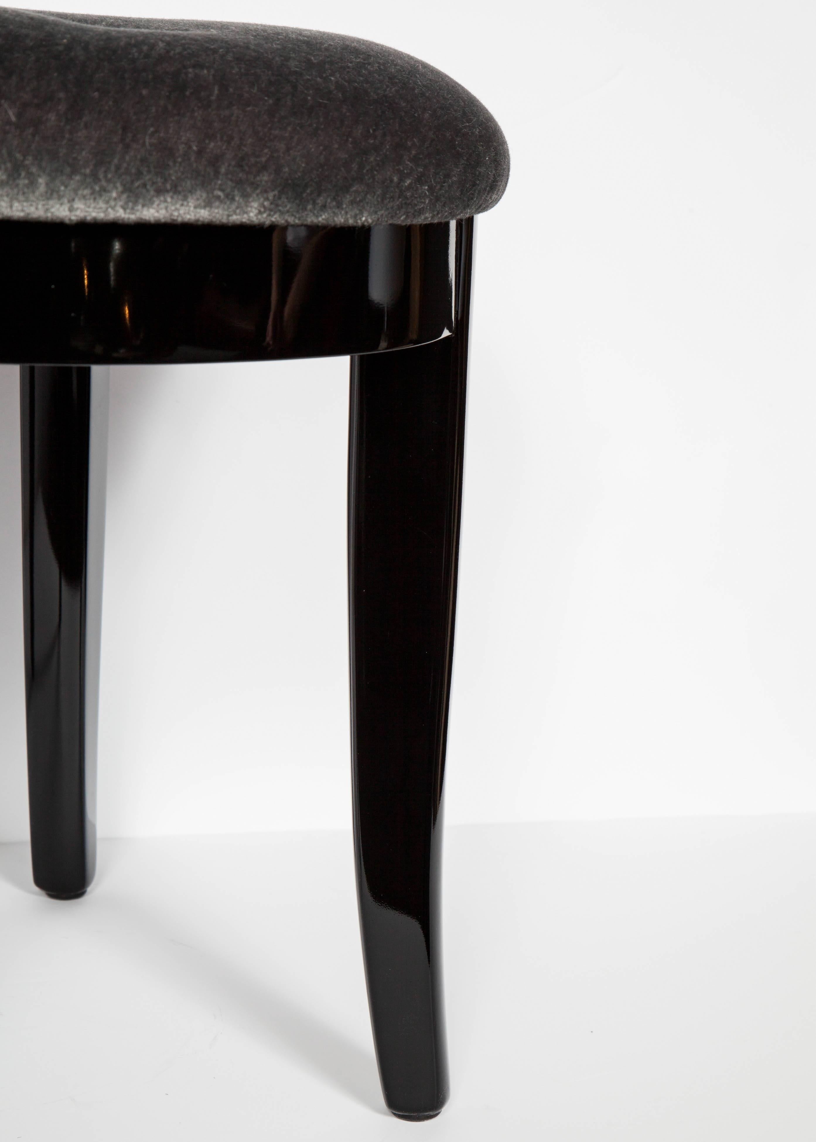 American Elegant Art Deco Vanity Stool in Black Lacquer and Grey Mohair