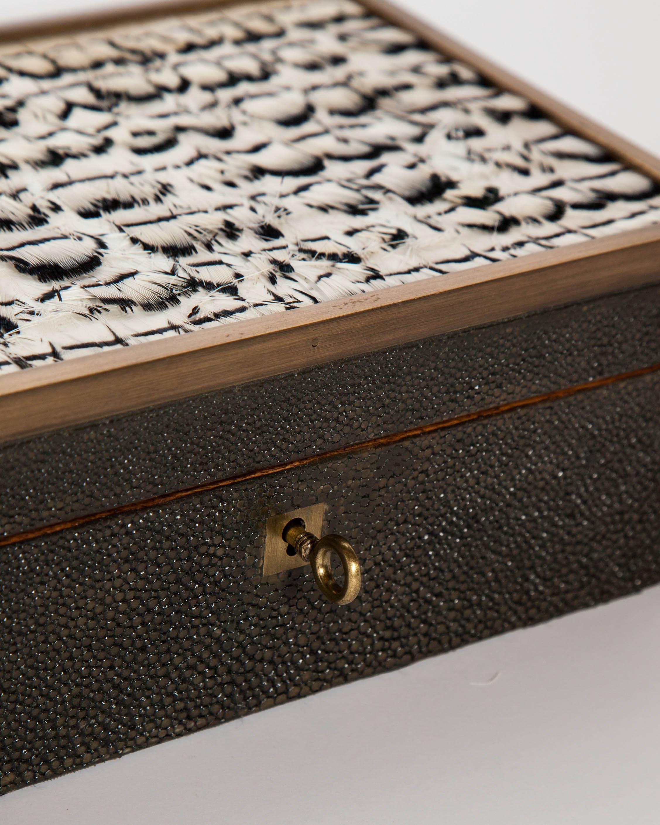 Contemporary Genuine Shagreen Jewelry Box with Exotic Feather Accents
