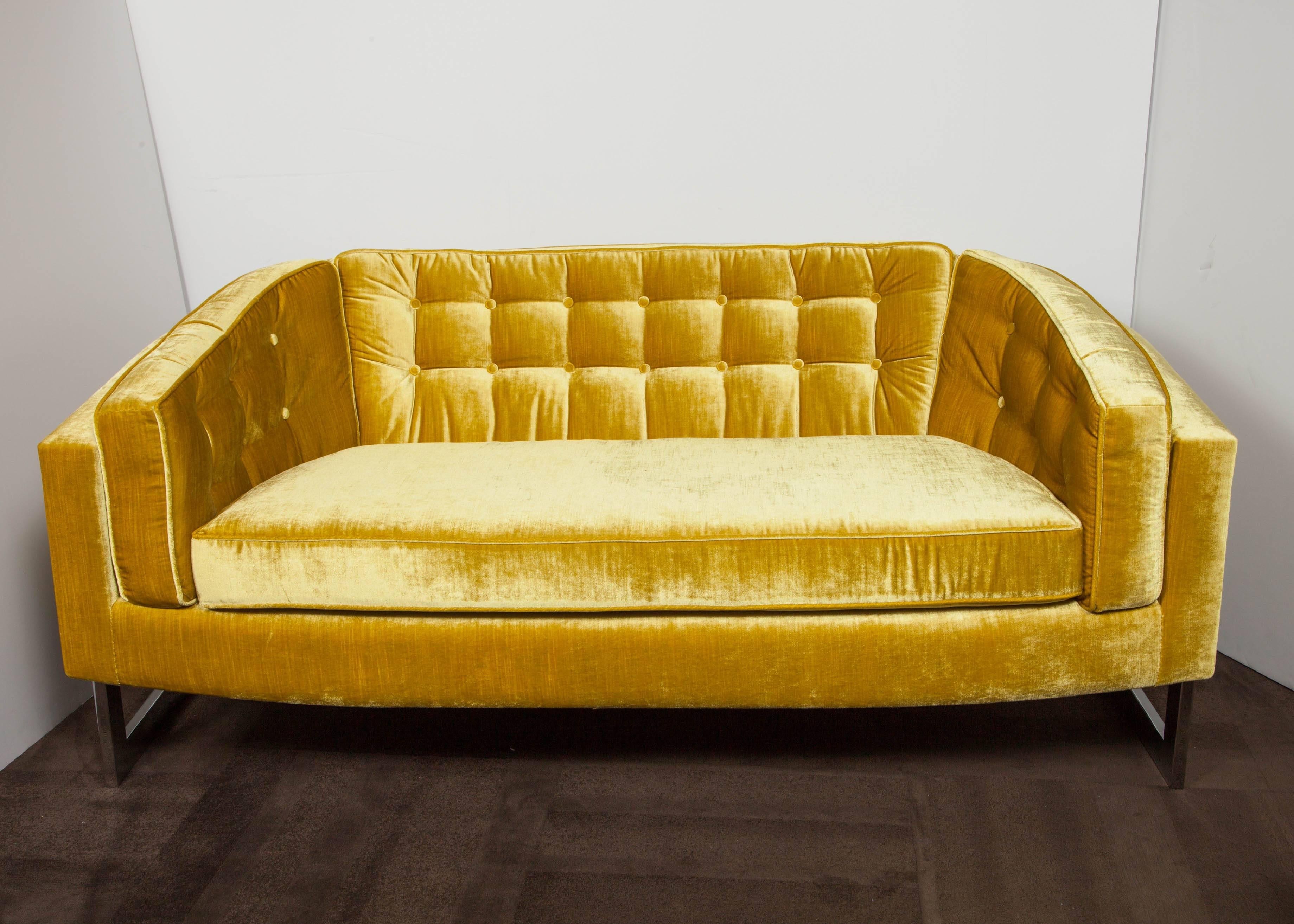 American Midcentury Sofa in Citrine Velvet Designed by Milo Baughman