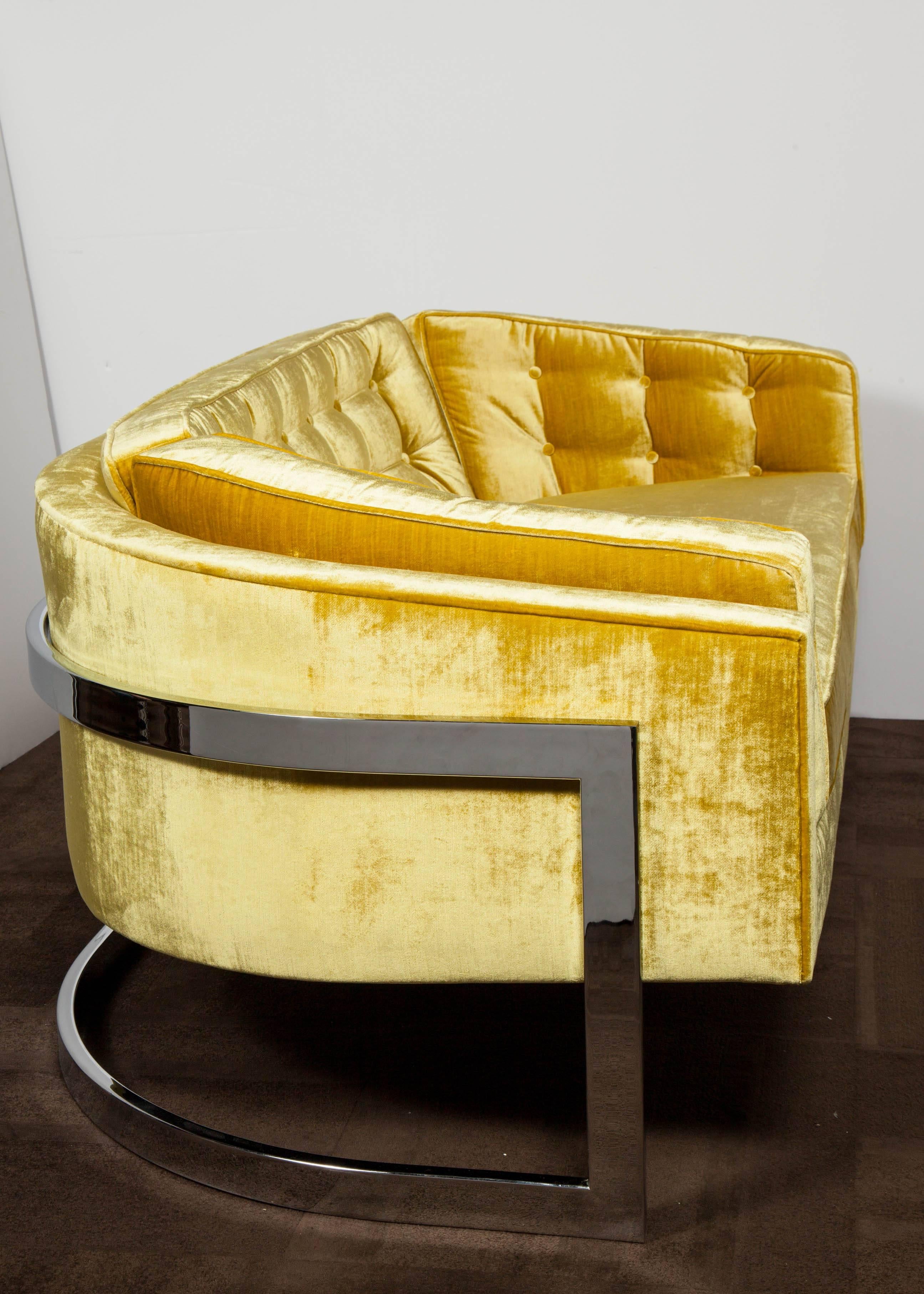 Polished Midcentury Sofa in Citrine Velvet Designed by Milo Baughman