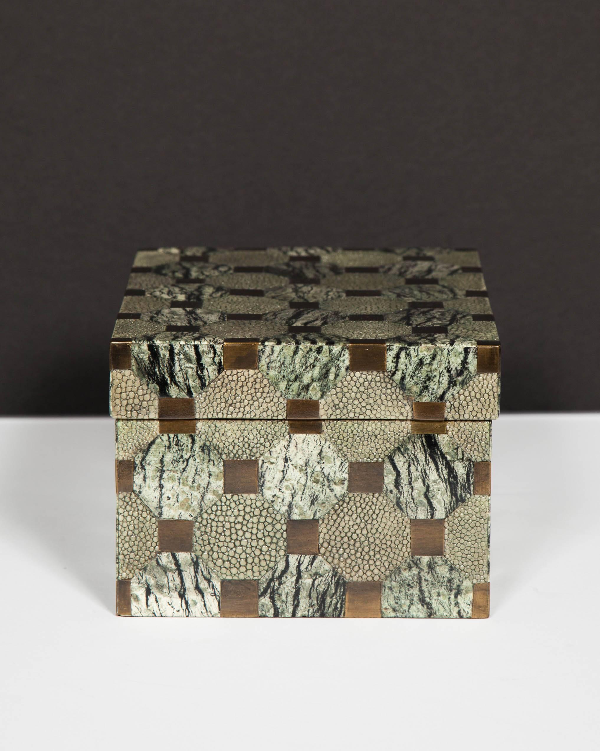 Hand-Crafted Exceptional Shagreen and Bronze Box with Geometric Design
