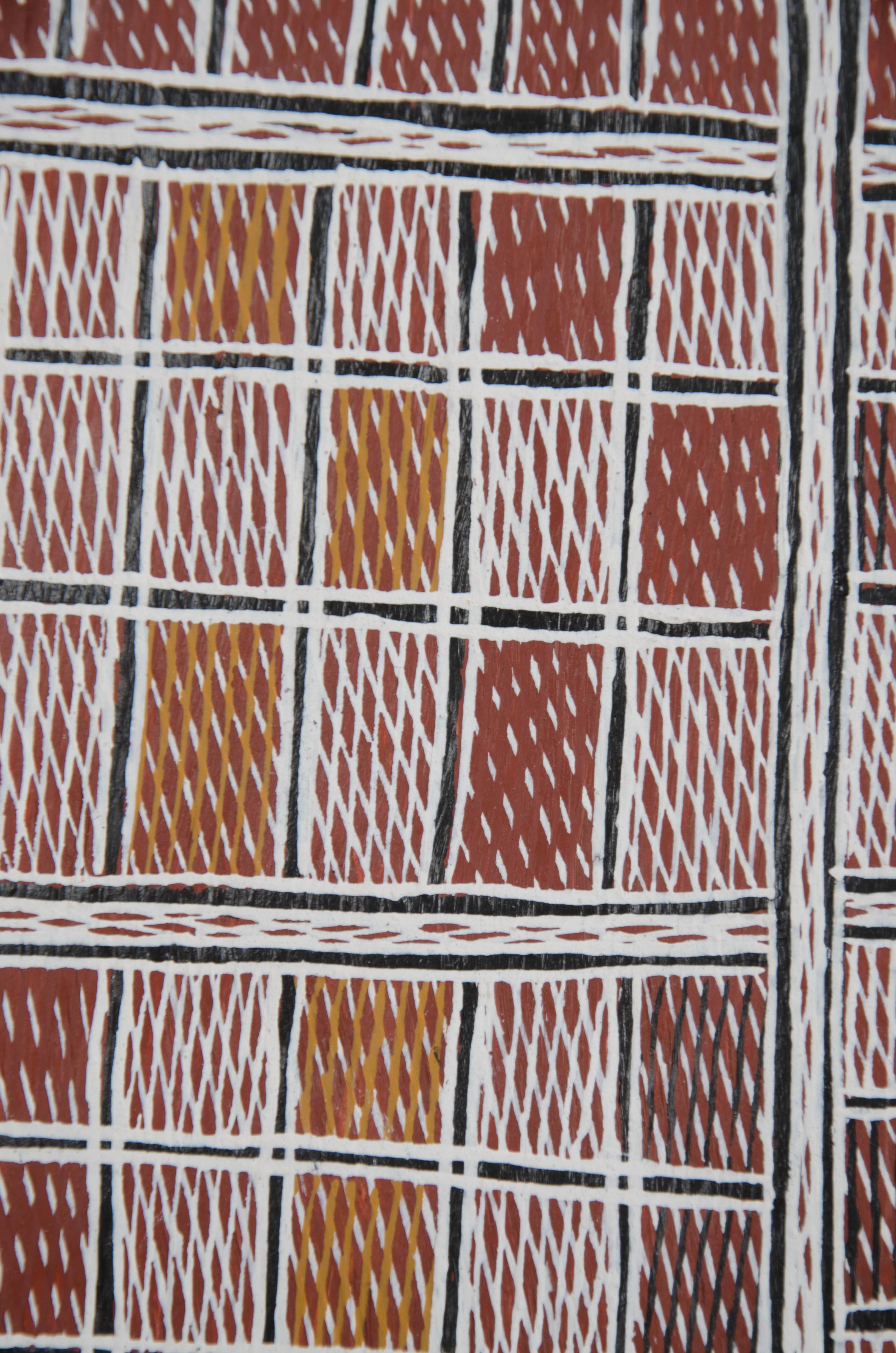 This exquisite painting, executed in natural ochres on dried bark, comes from the Arnhem land area of Northern Australia. The bark painting tradition stretches back thousands of years. Read more about it here: http://bit.ly/1HMTZdy

The work is