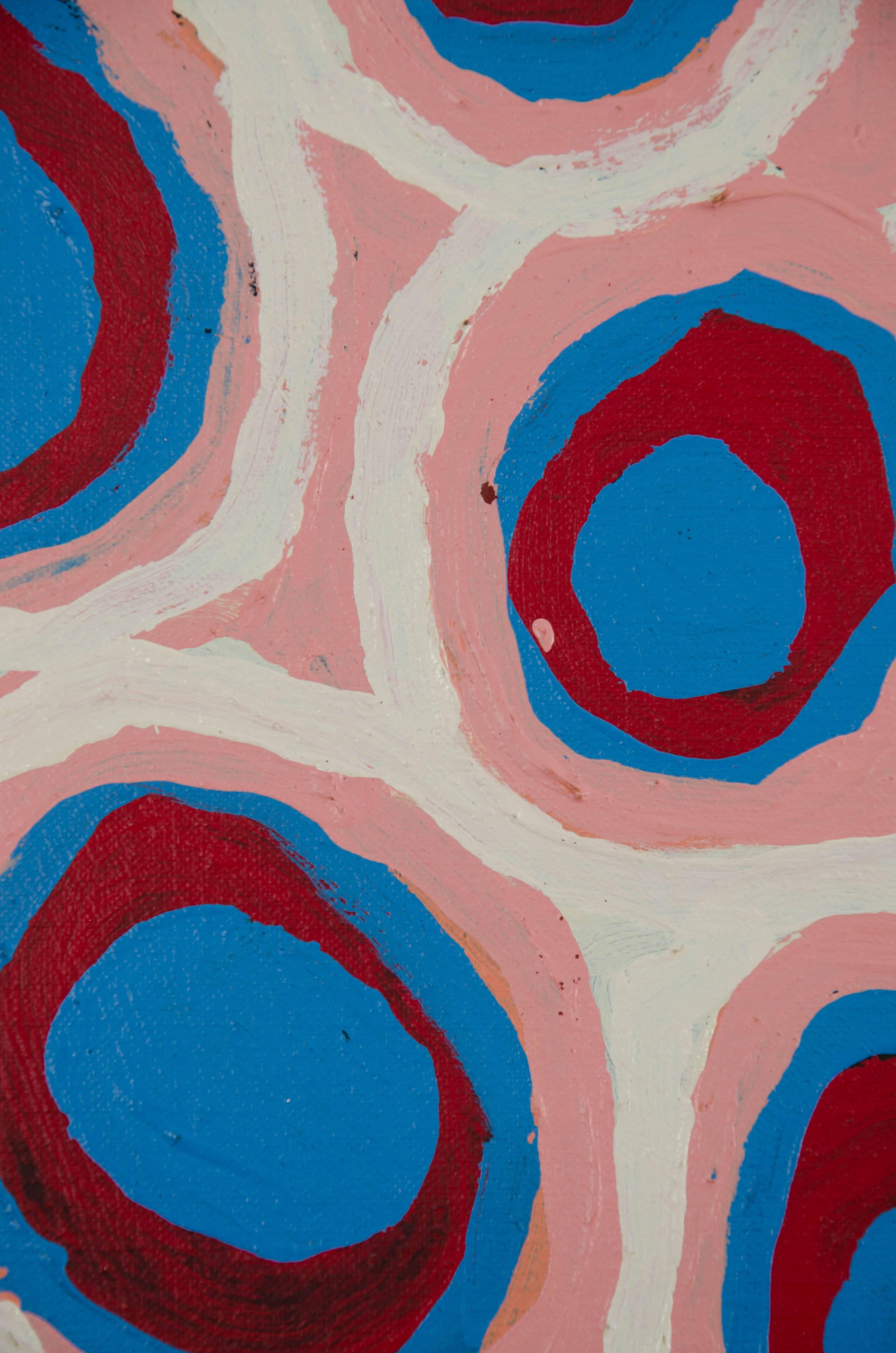 Tribal Australian Aboriginal Painting with Pink, Red and Blue by Alice Nampitjinpa For Sale