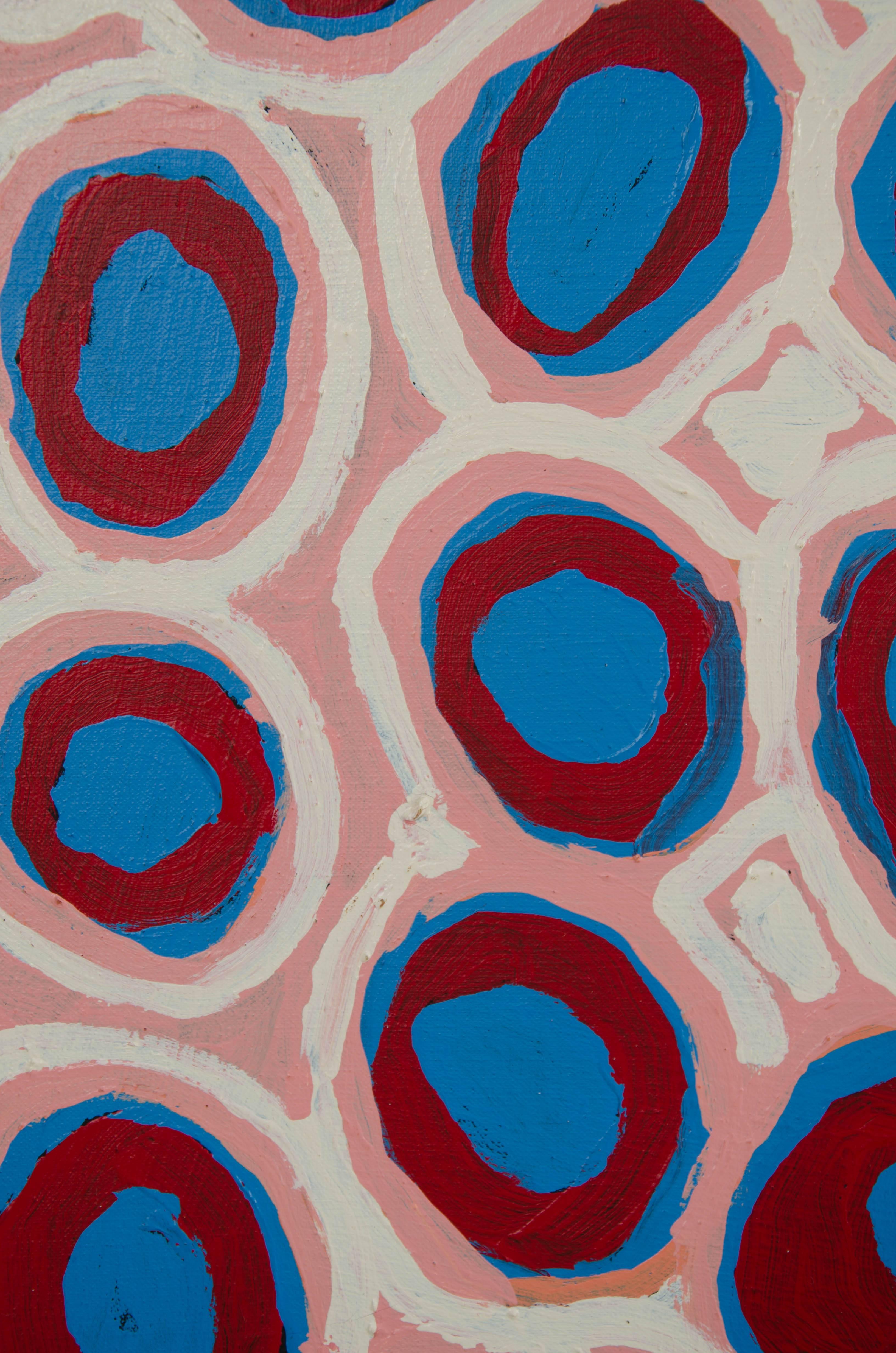 Painted Australian Aboriginal Painting with Pink, Red and Blue by Alice Nampitjinpa For Sale