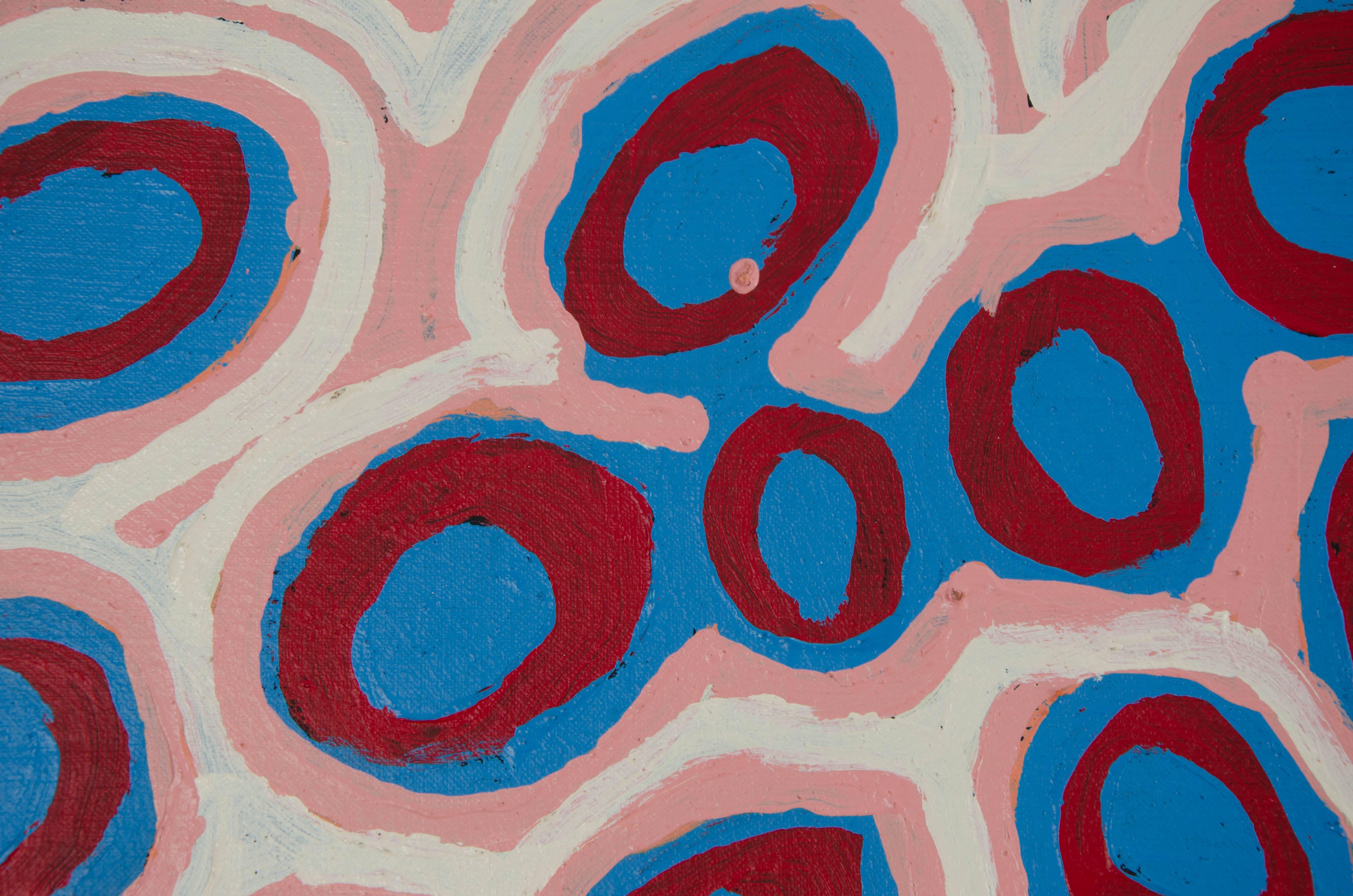 Australian Aboriginal Painting with Pink, Red and Blue by Alice Nampitjinpa In Excellent Condition For Sale In London, GB