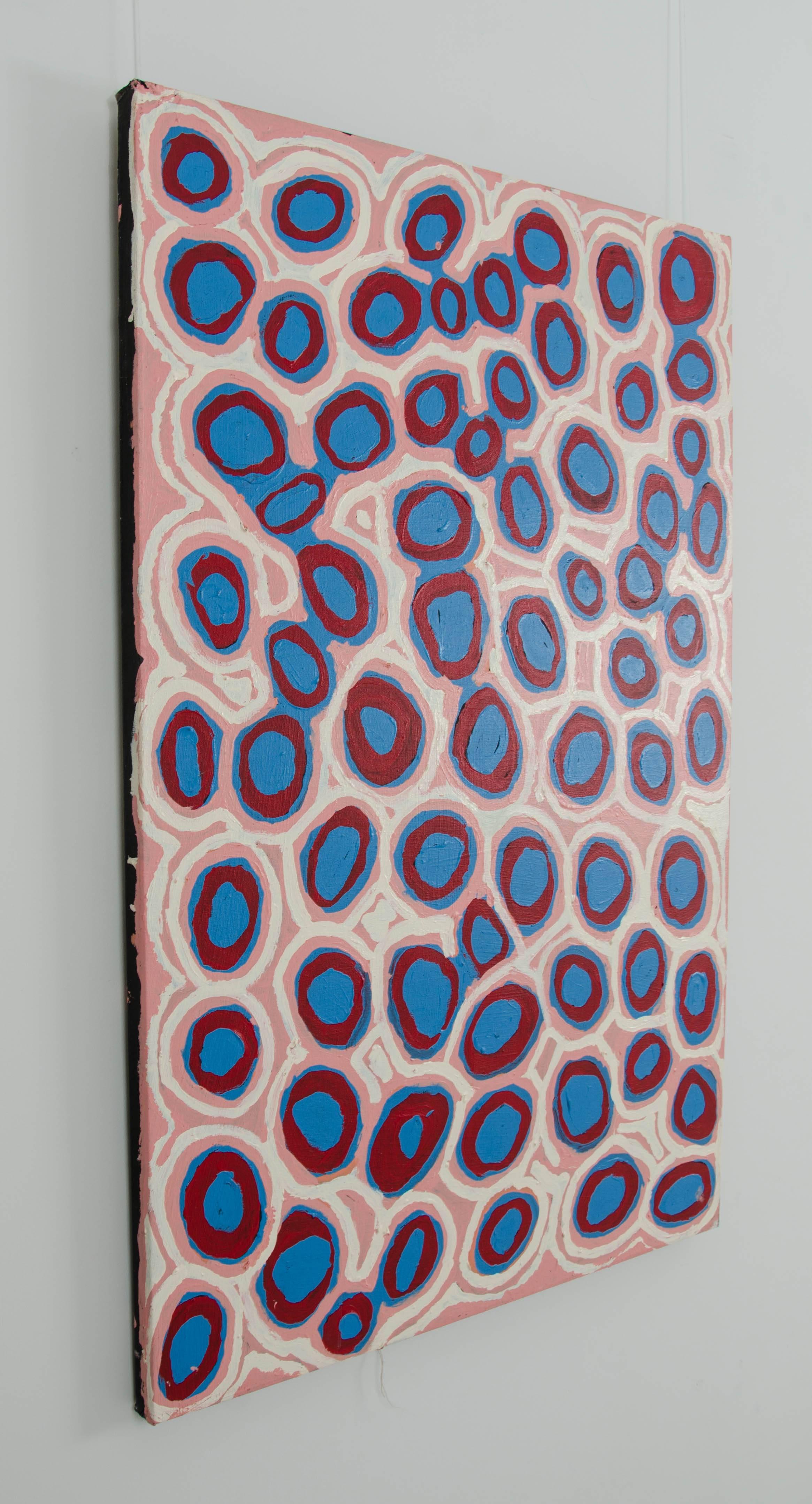 Canvas Australian Aboriginal Painting with Pink, Red and Blue by Alice Nampitjinpa For Sale