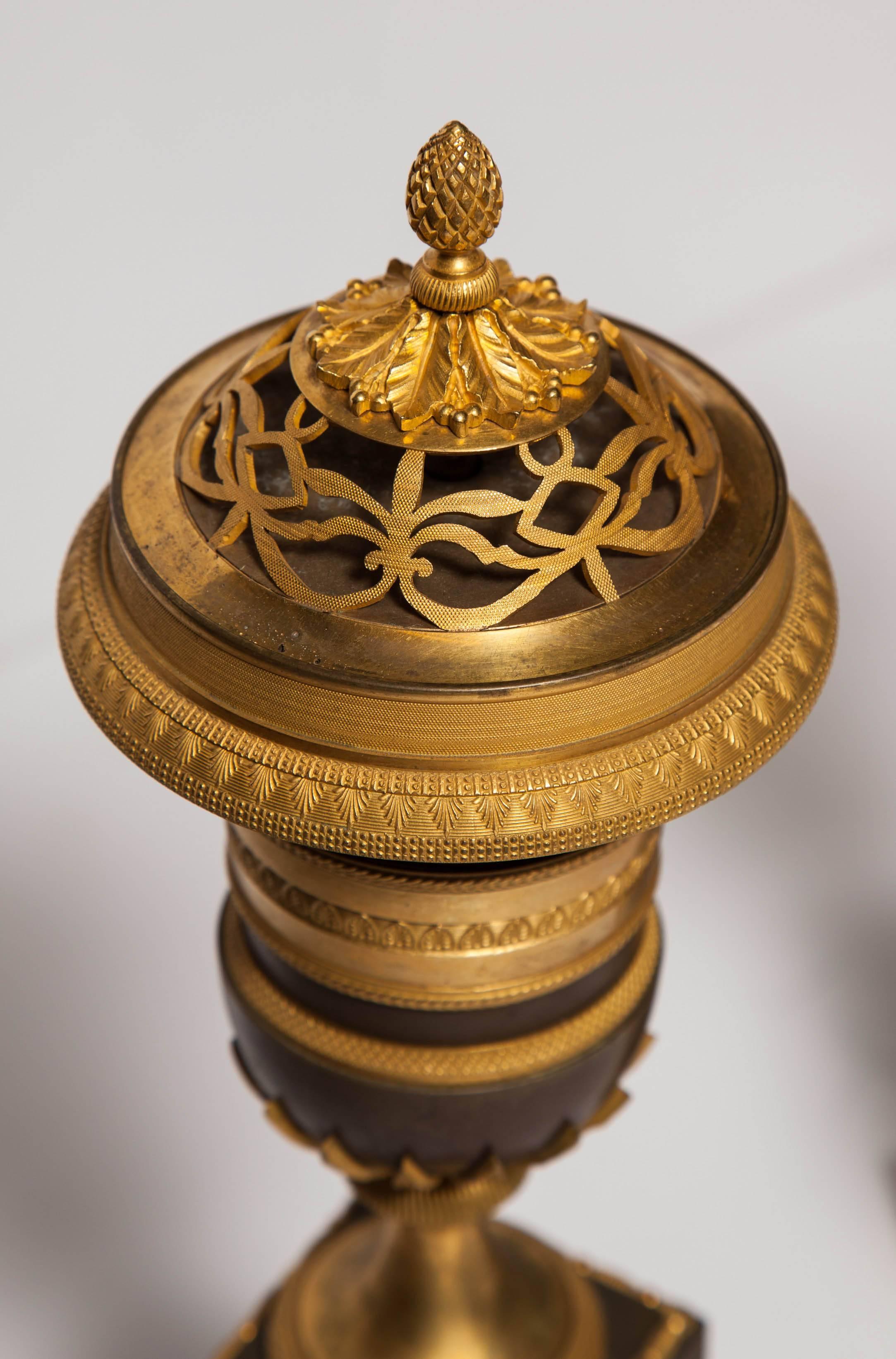 Early 19th Century Pair of French/Russian Empire Gilt and Patinated Bronze Cassolettes