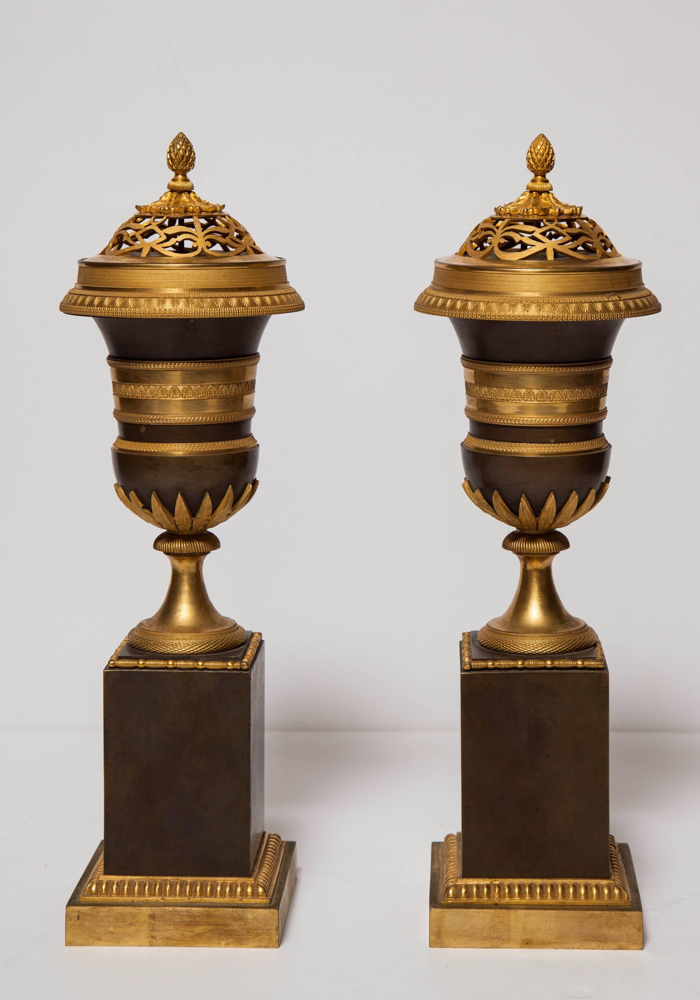 Pair of French/Russian Empire Gilt and Patinated Bronze Cassolettes 3