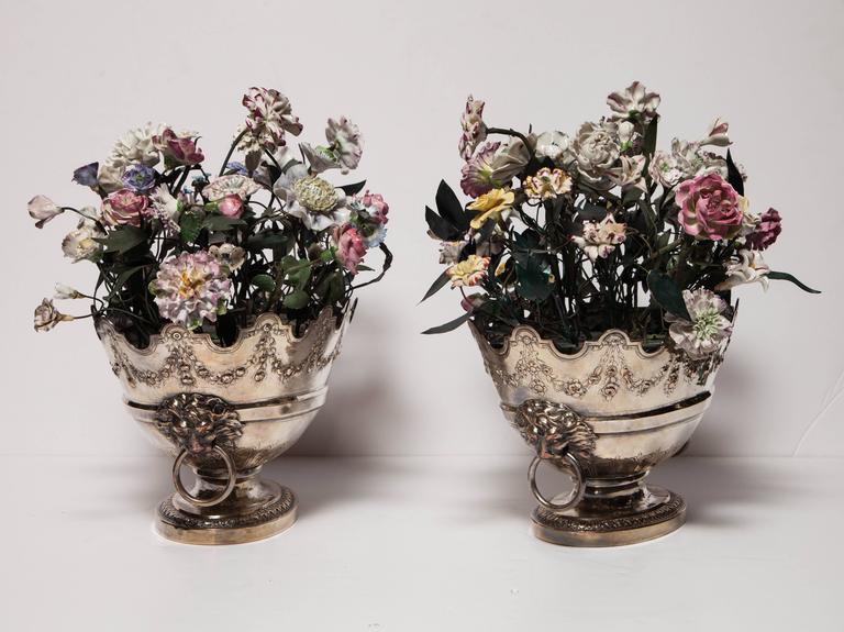 Neoclassical Louis XVI Style Porcelain Flower Arrangements in Oval