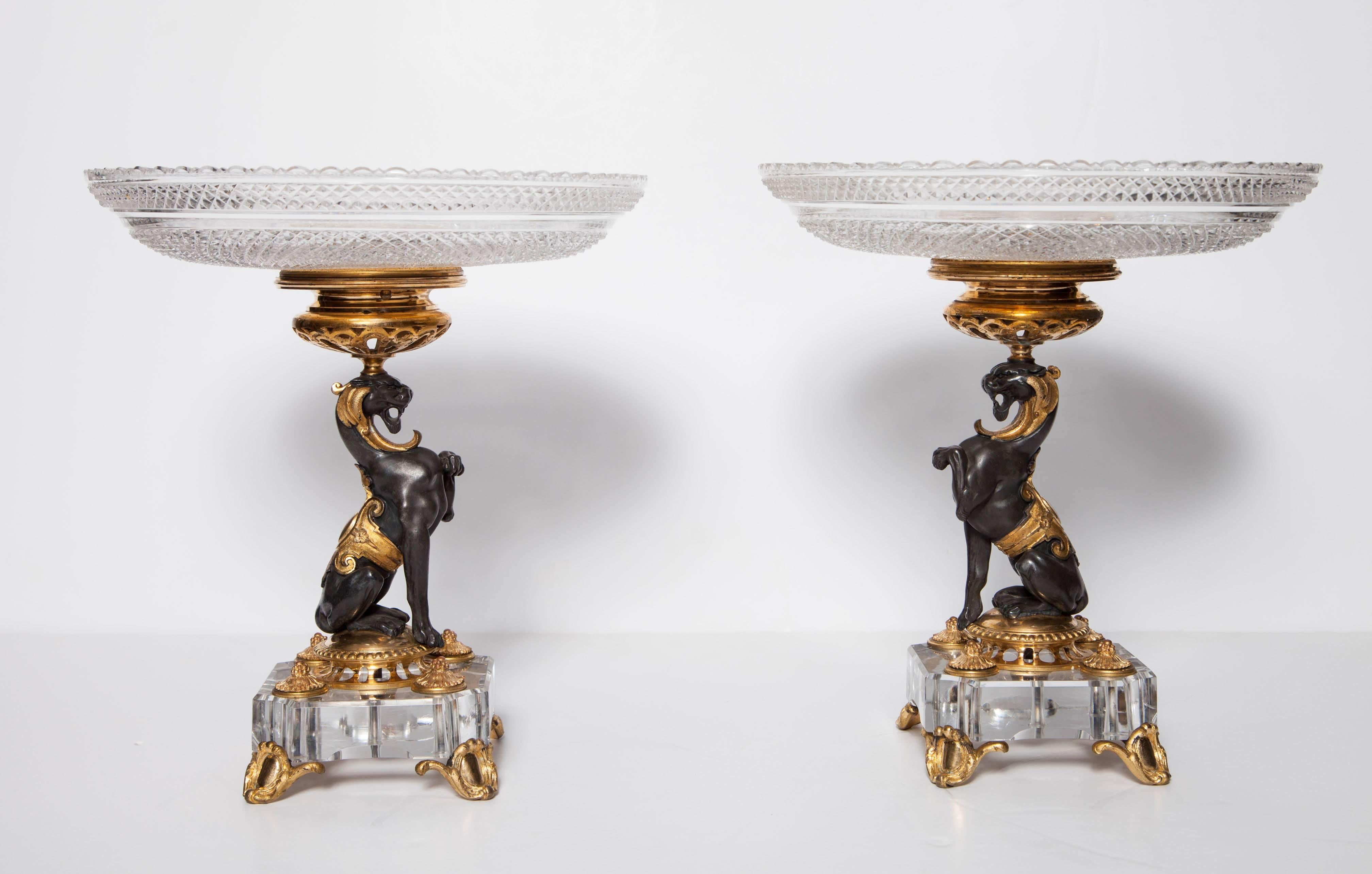 Exceptional Pair of Antique French Baccarat Crystal and Doré Bronze Compotes In Excellent Condition For Sale In New York, NY