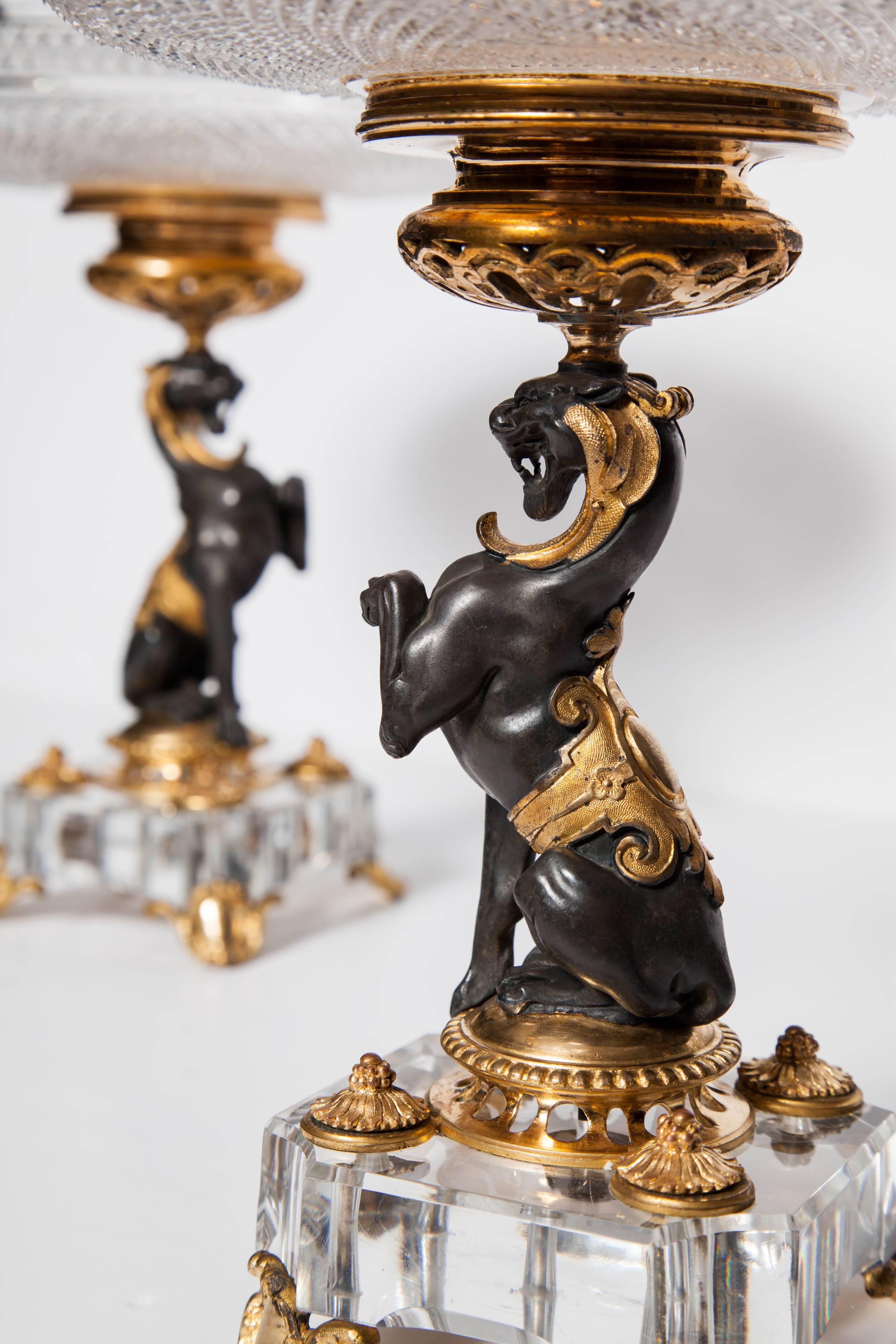 19th Century Exceptional Pair of Antique French Baccarat Crystal and Doré Bronze Compotes For Sale
