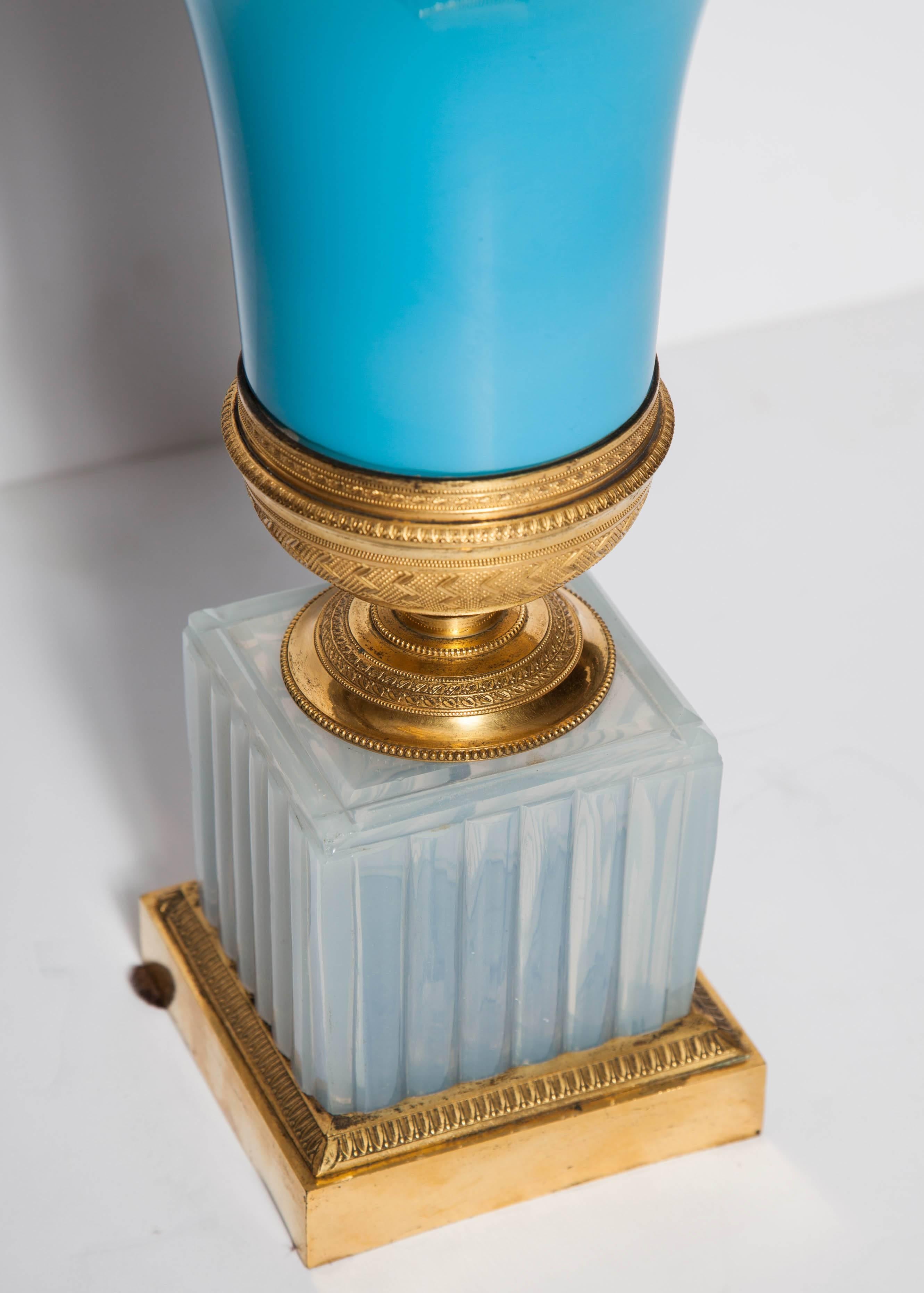 Hand-Carved Russian Neoclassical Blue & White Opaline Ormolu mtd, Vase, Imperial Glass Mfg