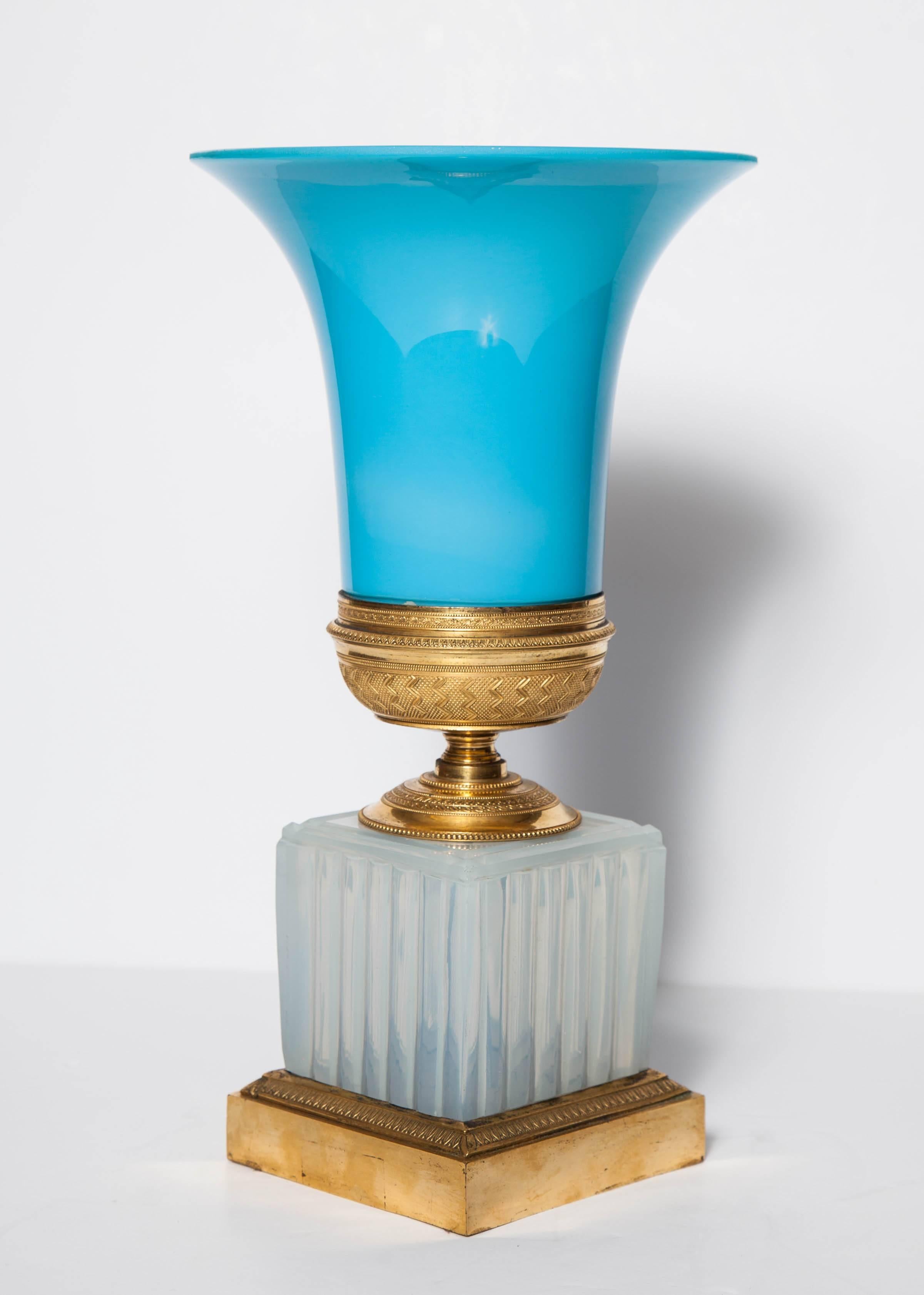 Bronze Russian Neoclassical Blue & White Opaline Ormolu mtd, Vase, Imperial Glass Mfg
