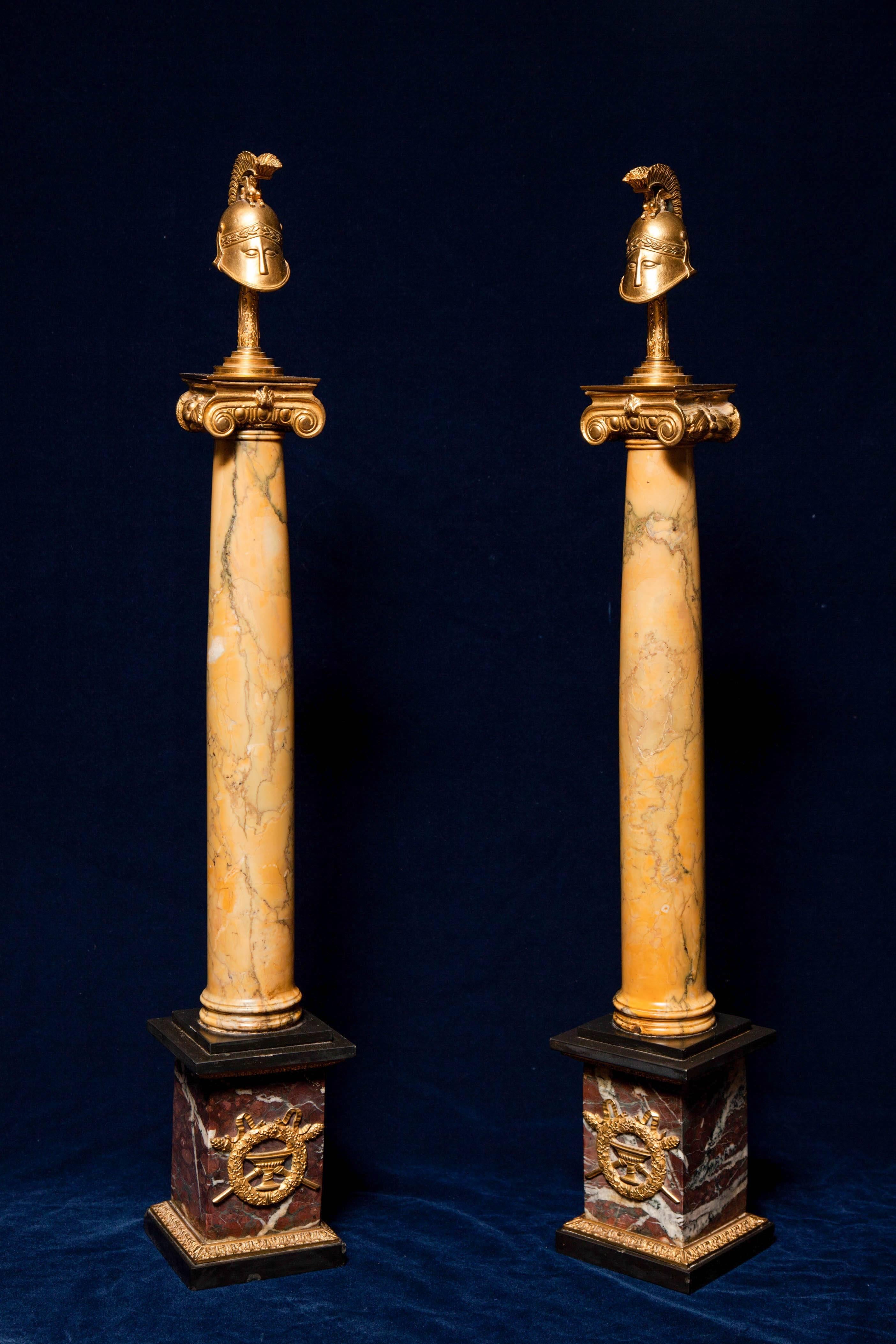 Neoclassical A Fine pair of Antique Russian sienna marble and jasper Helmet Military obelisks For Sale