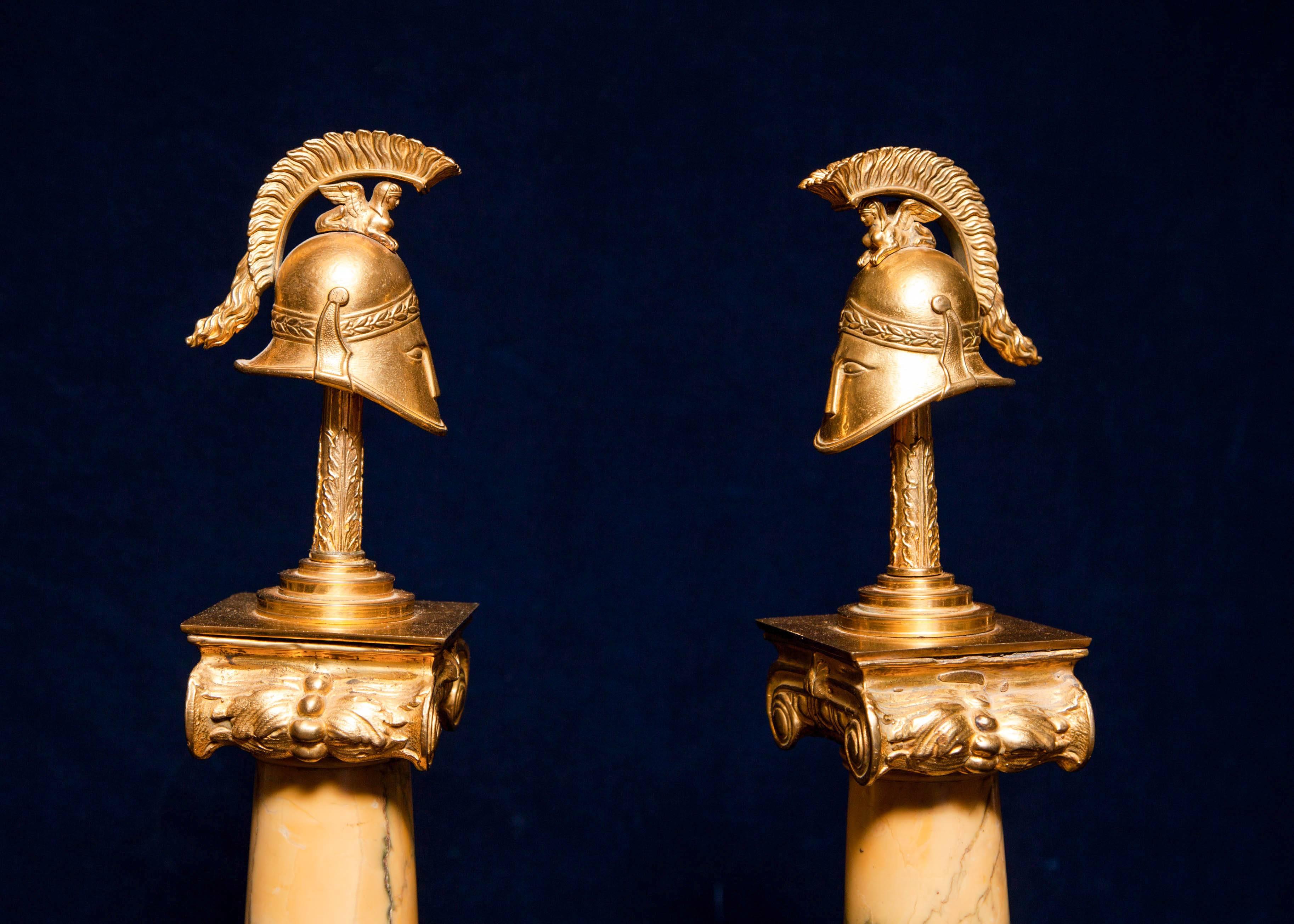 19th Century A Fine pair of Antique Russian sienna marble and jasper Helmet Military obelisks For Sale