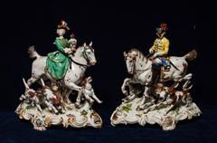 Exceptional Pair of Antique Meissen Porcelain Hunting Groups with Horses & Dogs