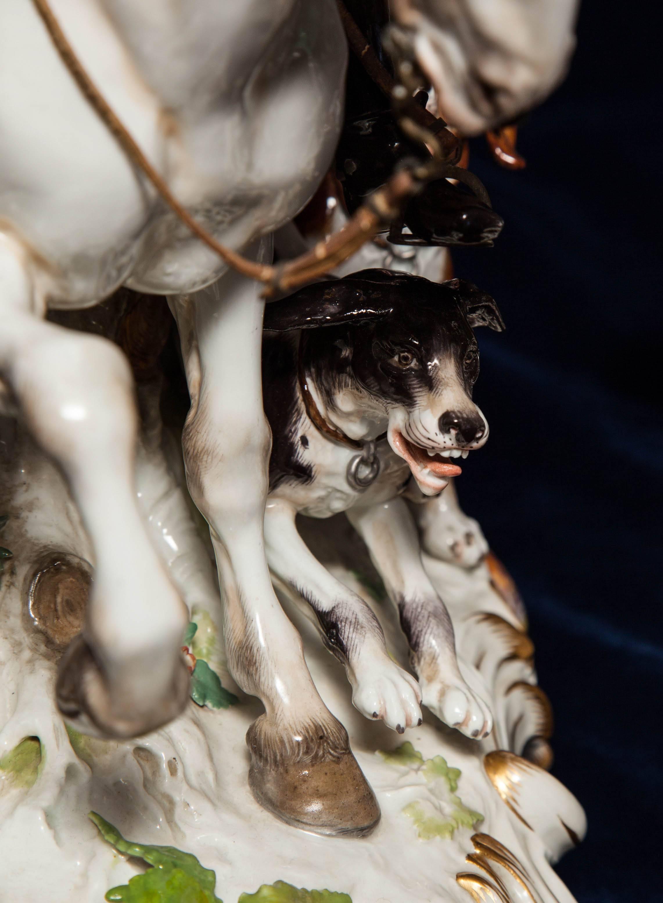 Rococo Exceptional Pair of Antique Meissen Porcelain Hunting Groups with Horses & Dogs For Sale