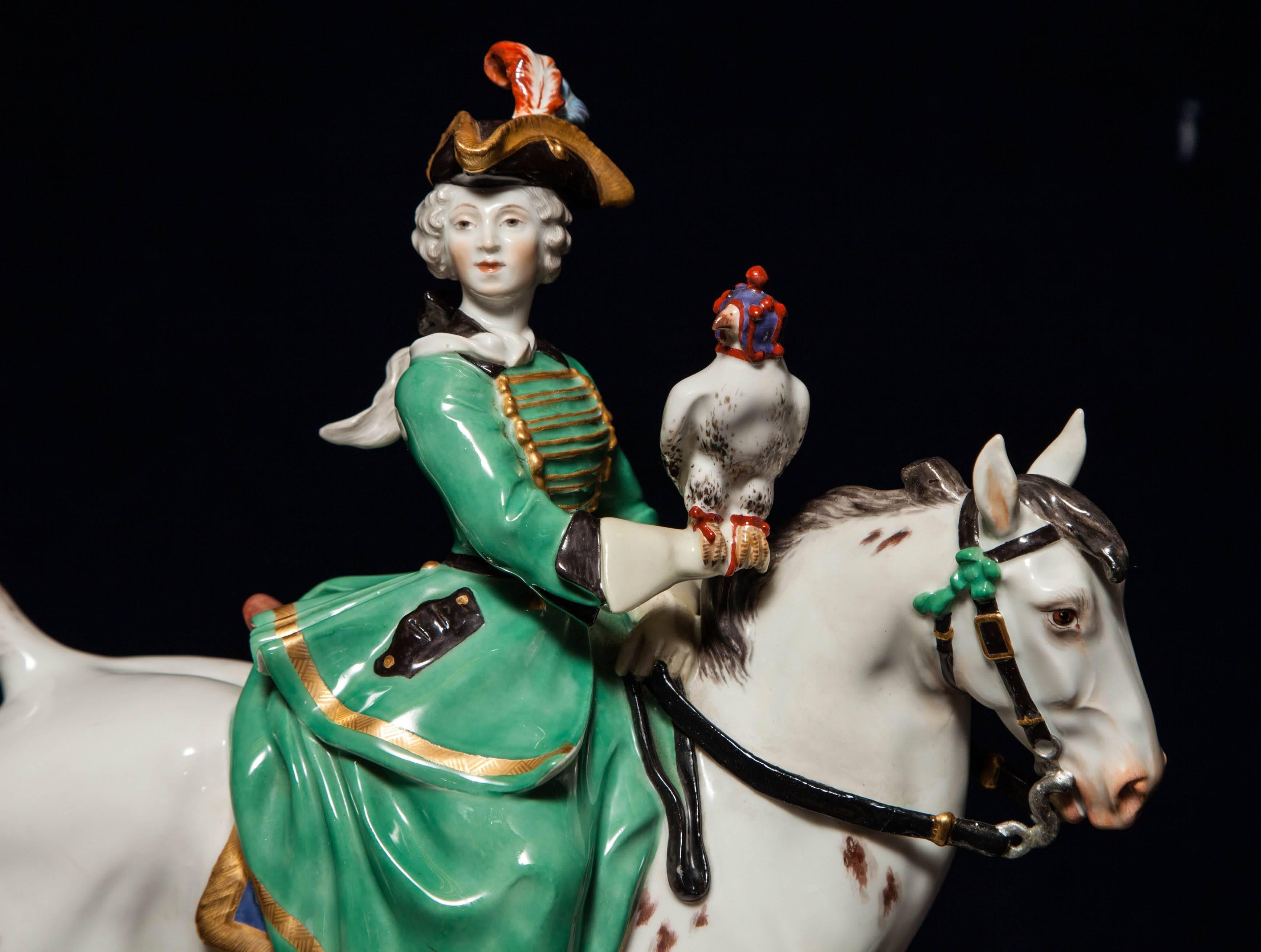 Exceptional Pair of Antique Meissen Porcelain Hunting Groups with Horses & Dogs For Sale 1