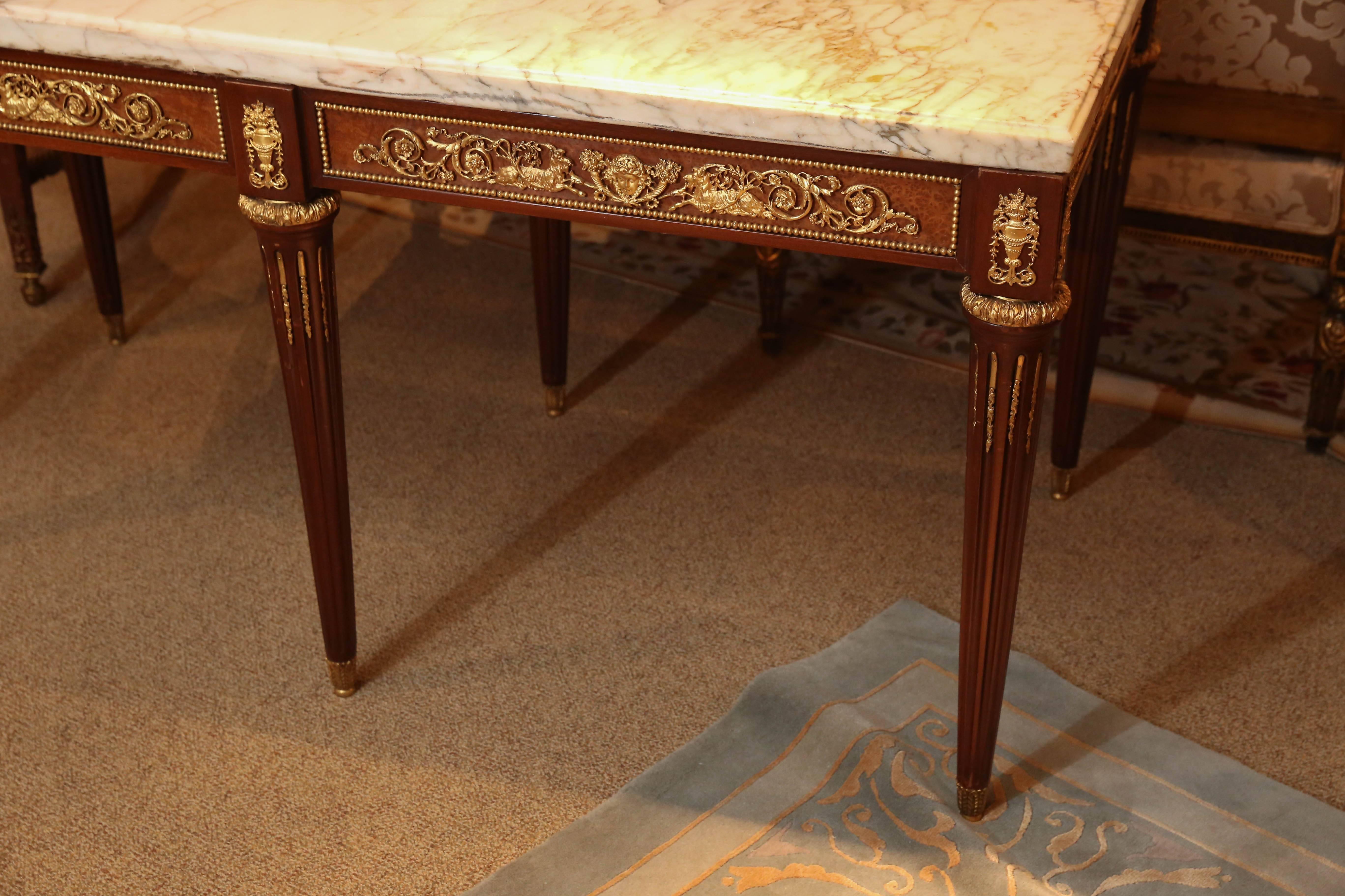 French Louis XVI Style Salon Table with Gilt Bronze Ormolu and Marble Top In Excellent Condition For Sale In Houston, TX