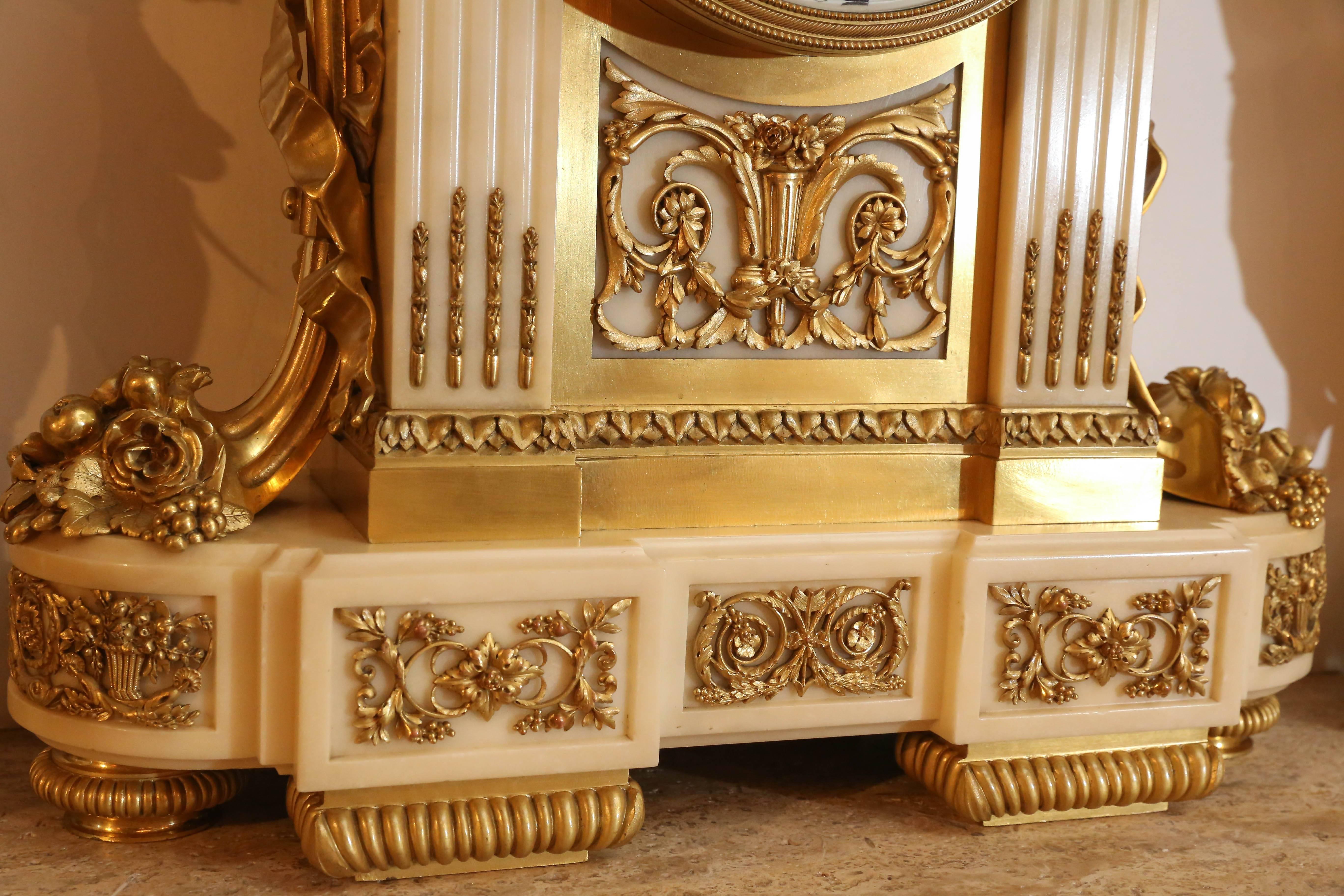 Louis XVI Three-Piece White Marble Garniture Clock Set with Bronze Ormolu Mounts