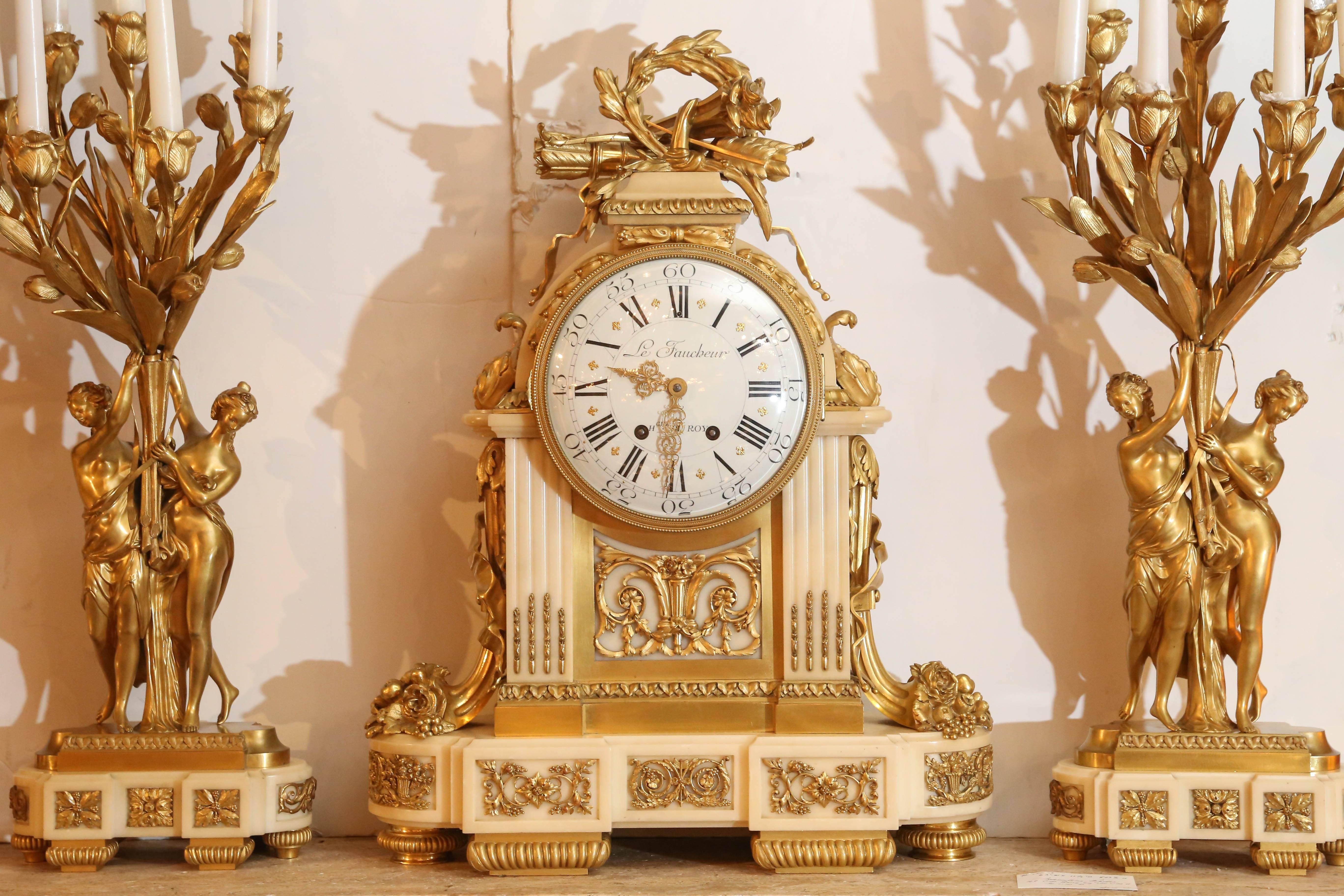 19th Century Three-Piece White Marble Garniture Clock Set with Bronze Ormolu Mounts
