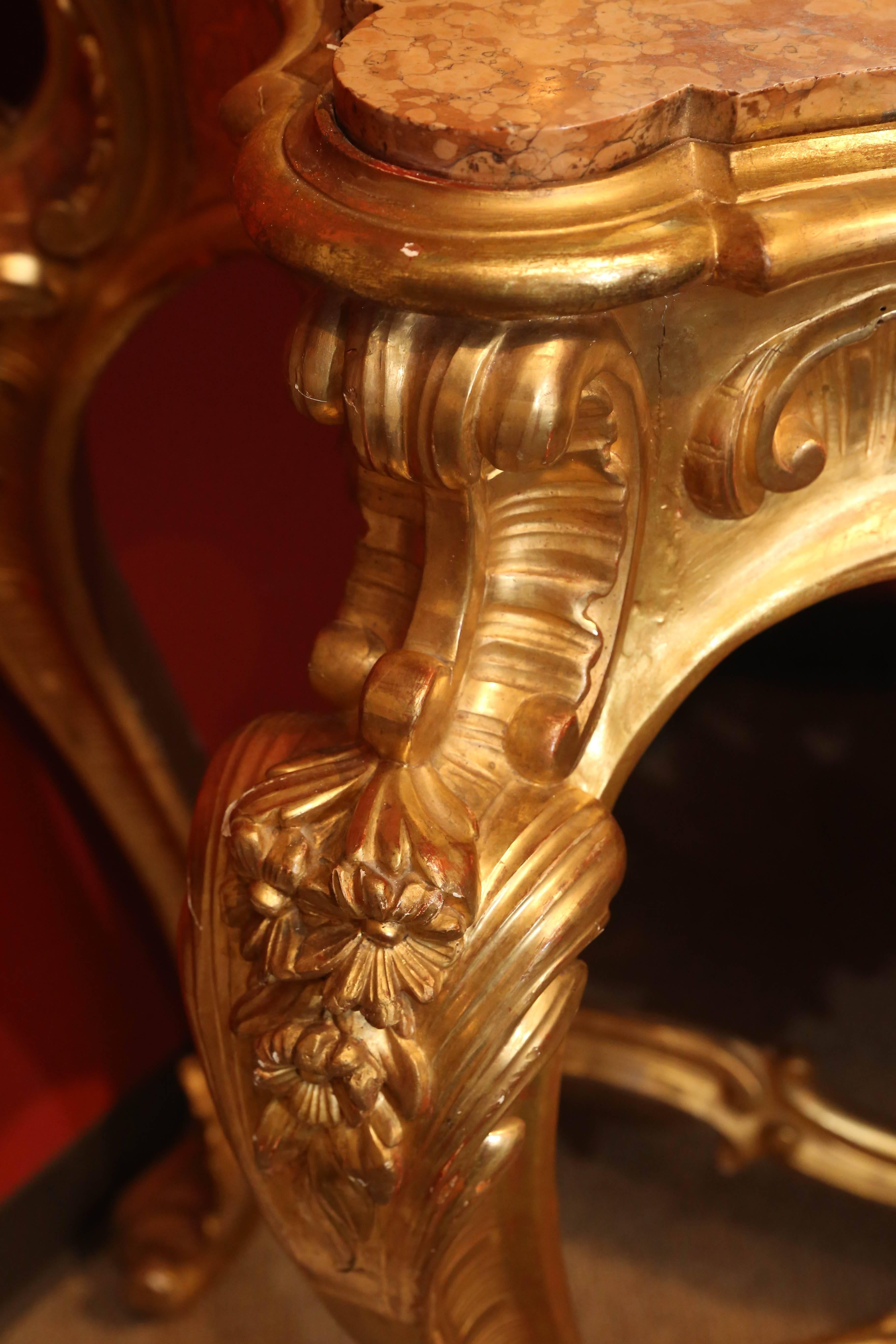 Giltwood Console with Mirror, Rococo Style, Marble top In Excellent Condition In Houston, TX