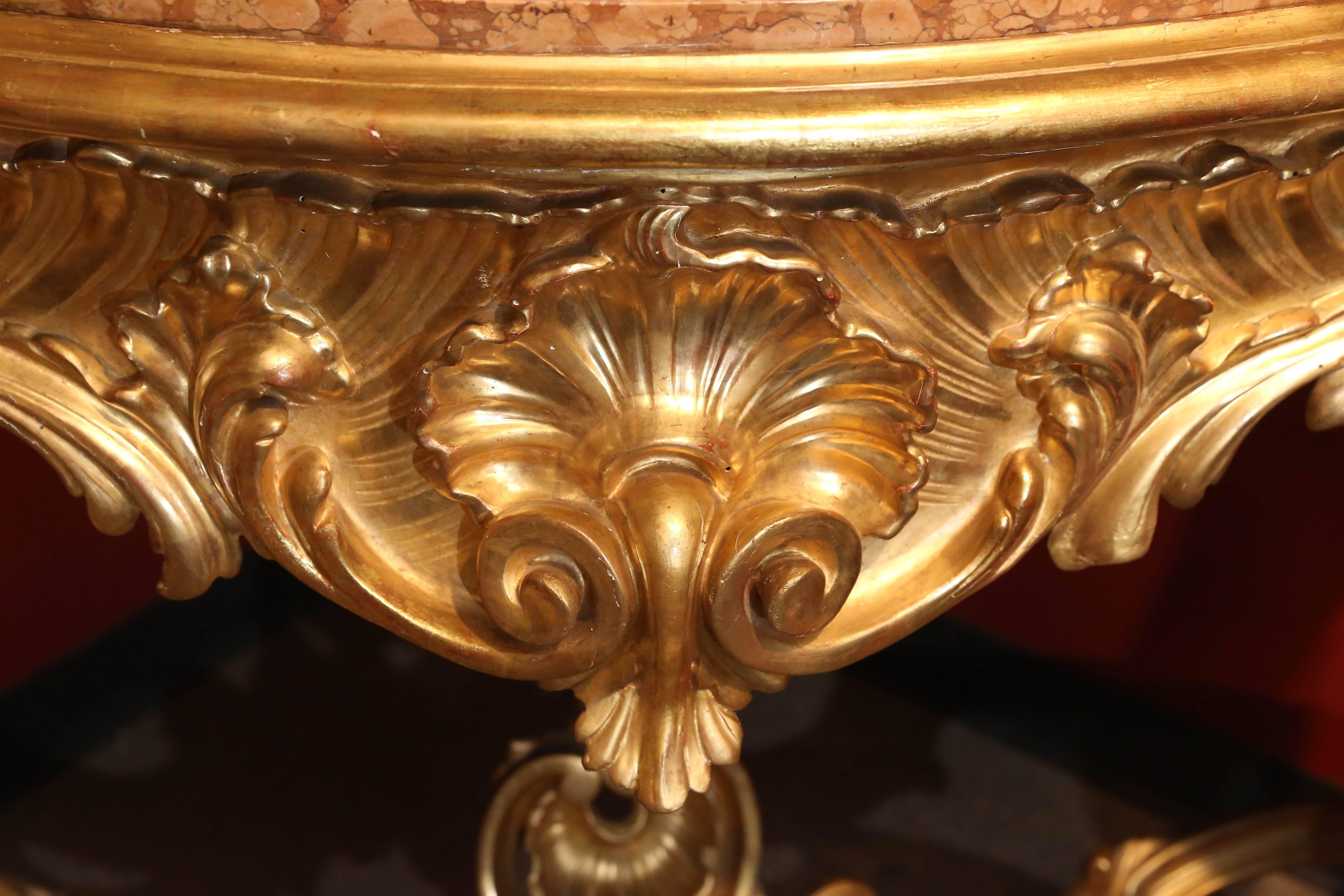 19th Century Giltwood Console with Mirror, Rococo Style, Marble top