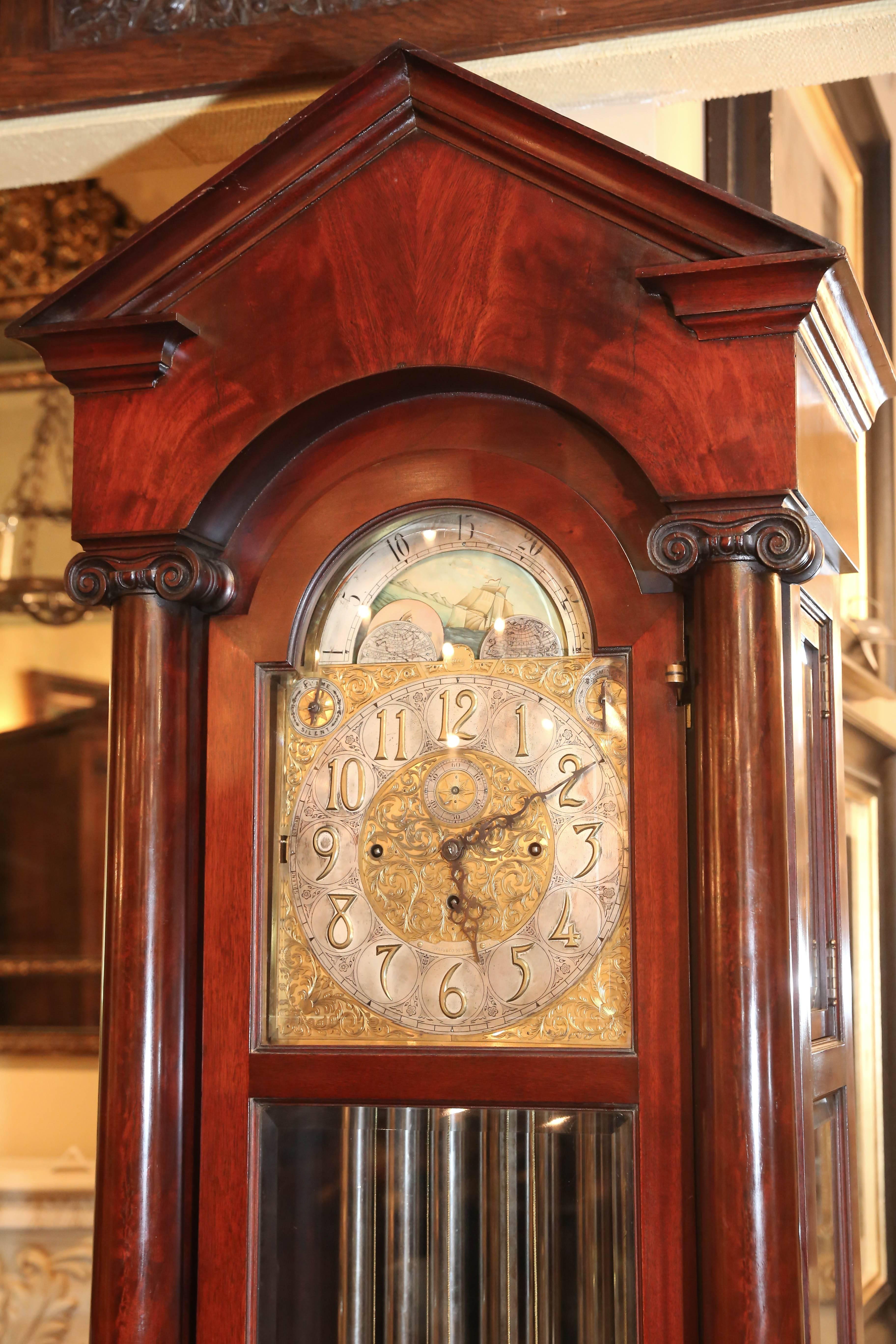 Mahogany cased tall grandfather clock
Signed on the bronze dore face 