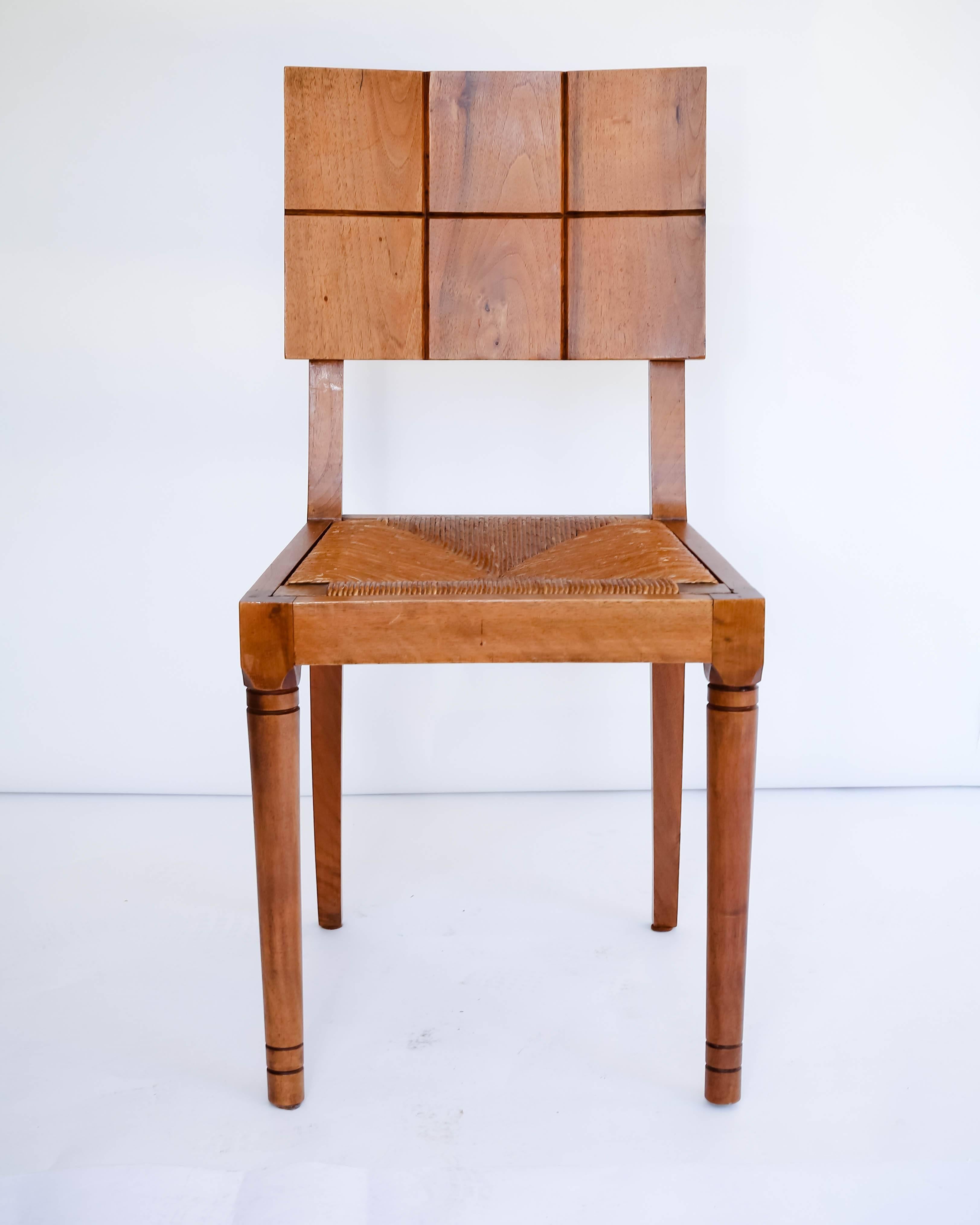 French Set of Six Modernist Oak Dining Chairs with Rush Seats