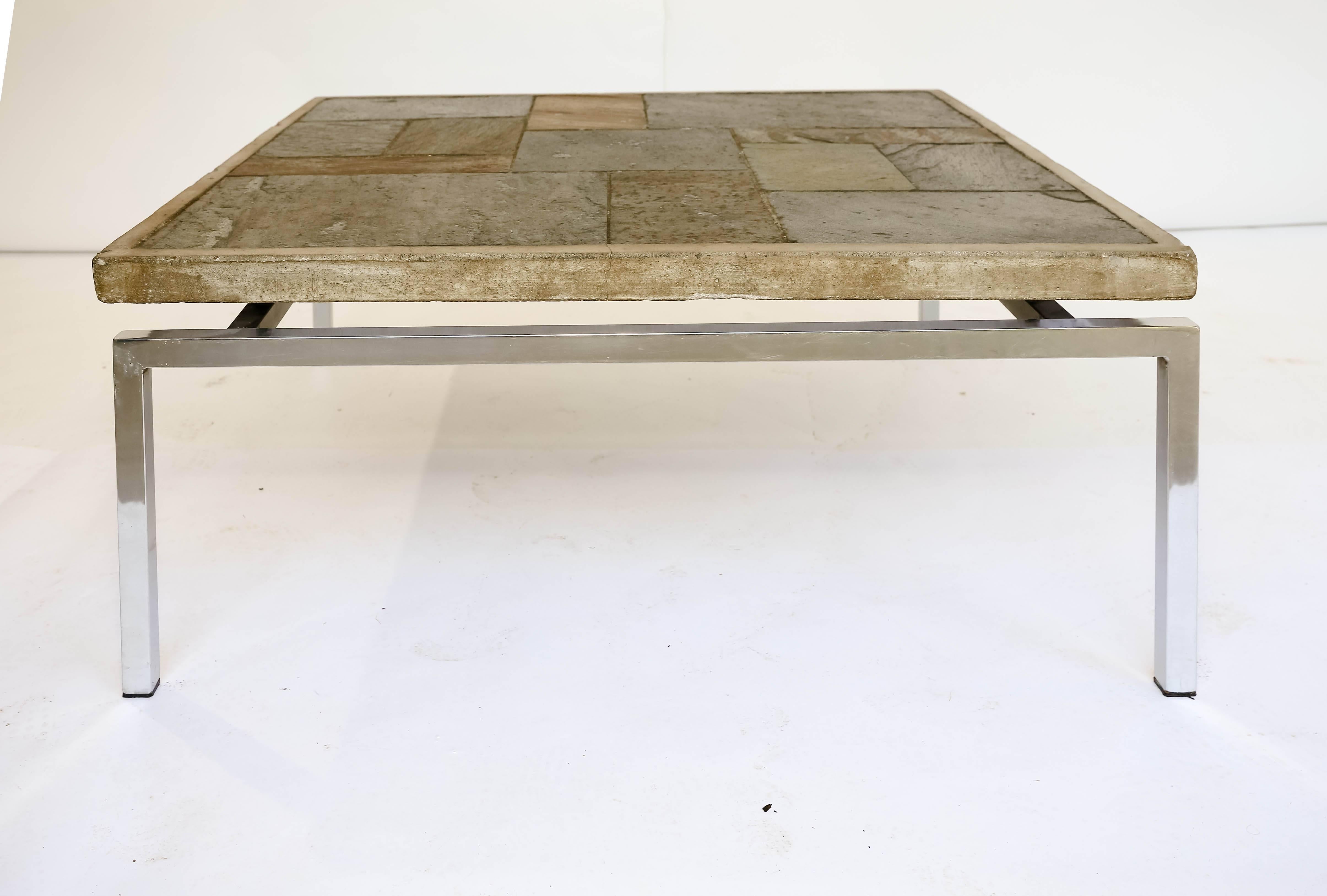 Square table in the manner of Paul Kingma with natural slate stone and concrete top, Dutch, circa 1970.
 
