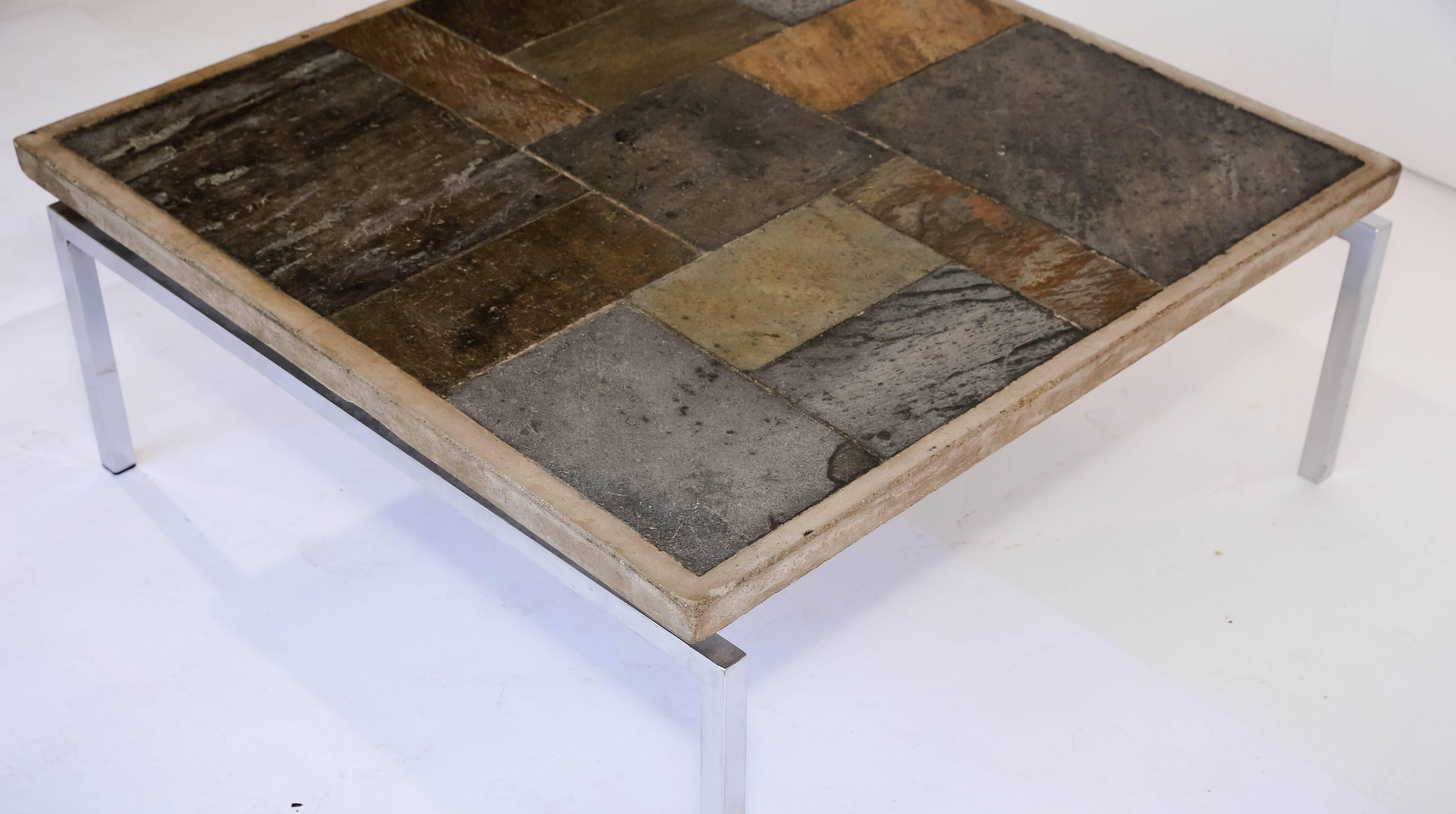 Metal Square Slate Stone Table in the Manner of Paul Kingma, Dutch, circa 1970