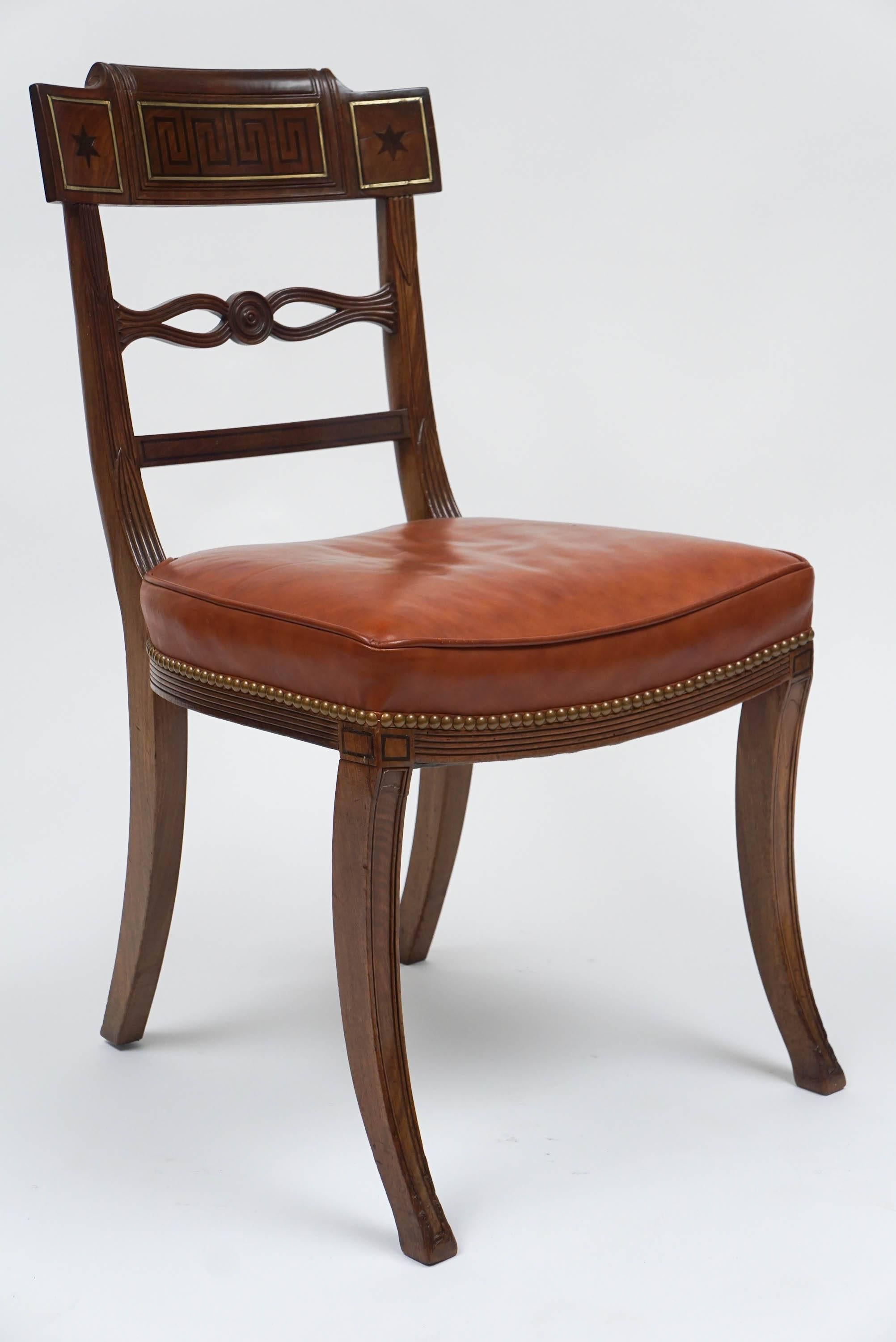 19th Century English Regency Inlaid Mahogany Klismos Dining Chairs, Set of Six, circa 1805