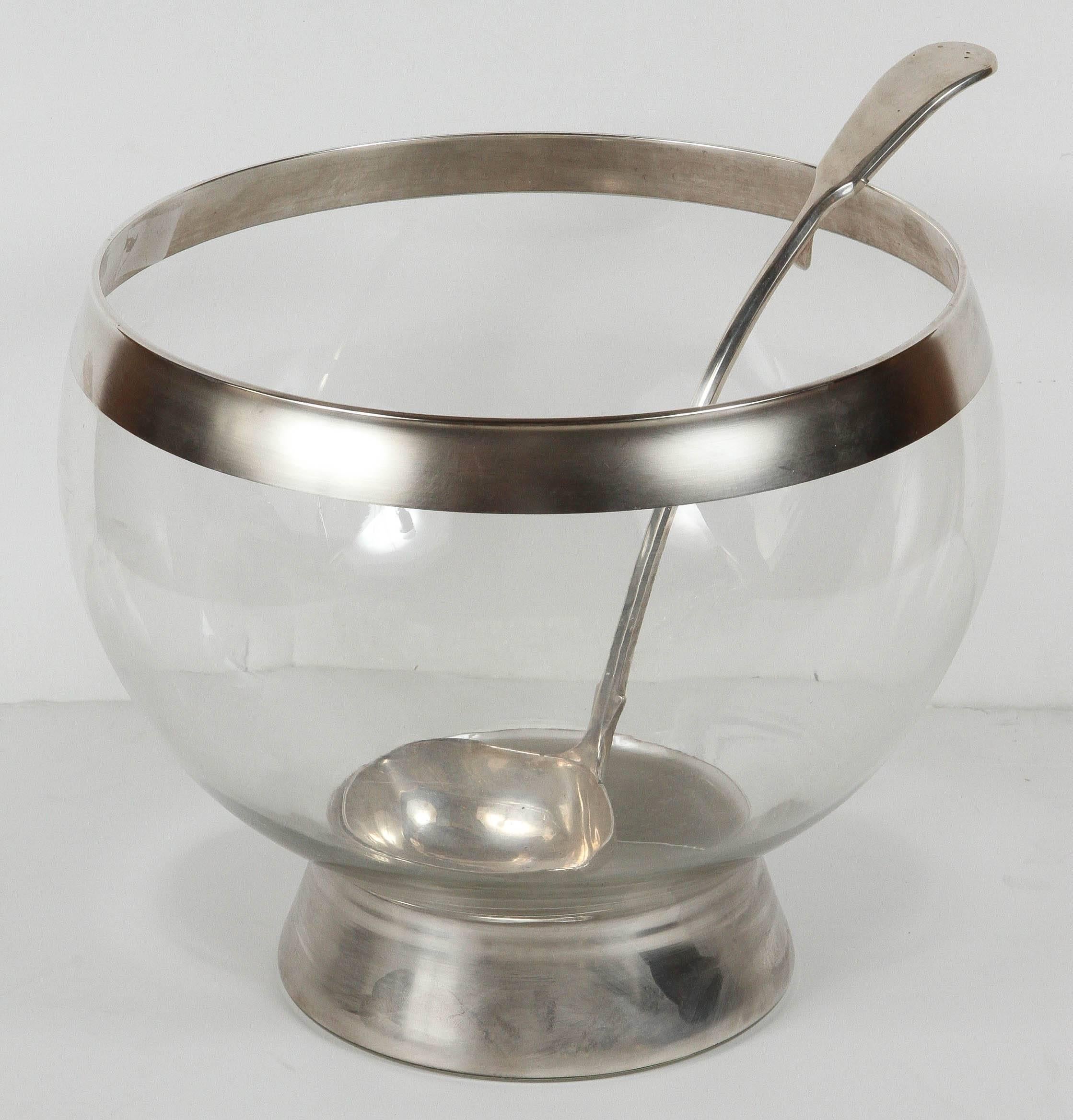 Mid-Century Modern Dorothy Thorpe Silver Rimmed Punch Bowl and 24 Roly Poly Glasses with Ladle