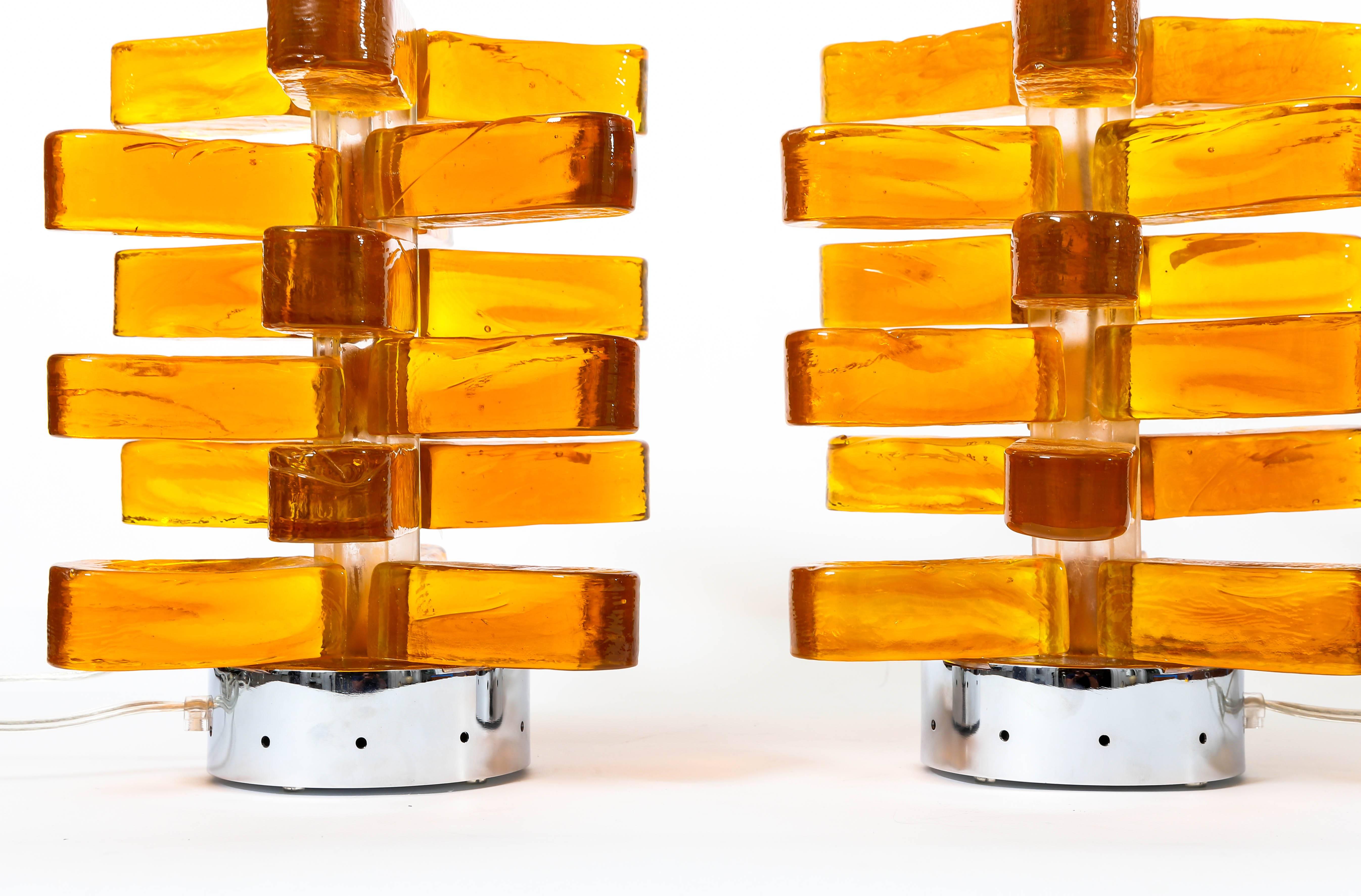 Mid-Century Modern Pair of Amber Murano Glass Lamps Featuring Interior Light with Chrome Detail