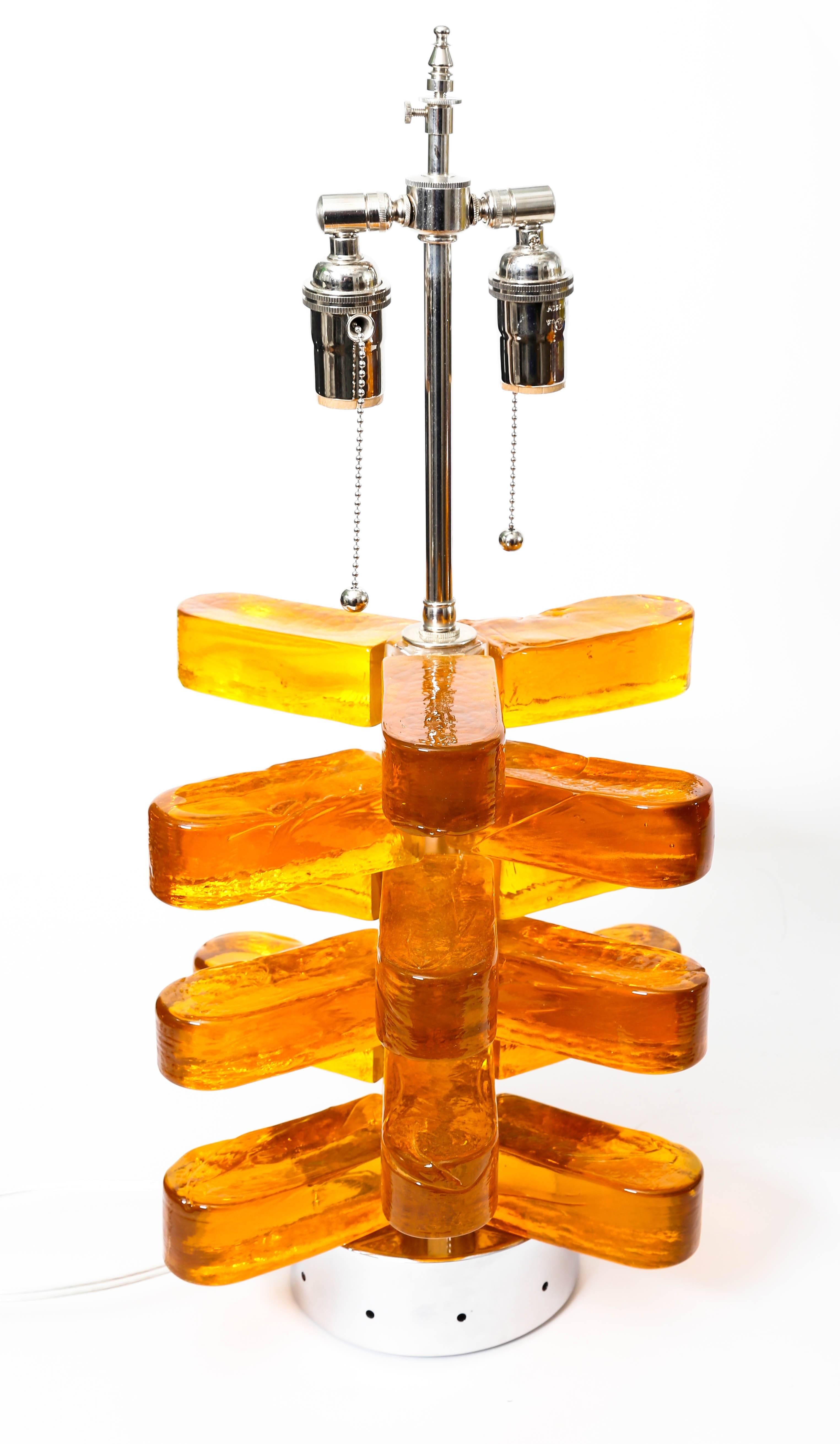 Pair of Amber Murano Glass Lamps Featuring Interior Light with Chrome Detail 2