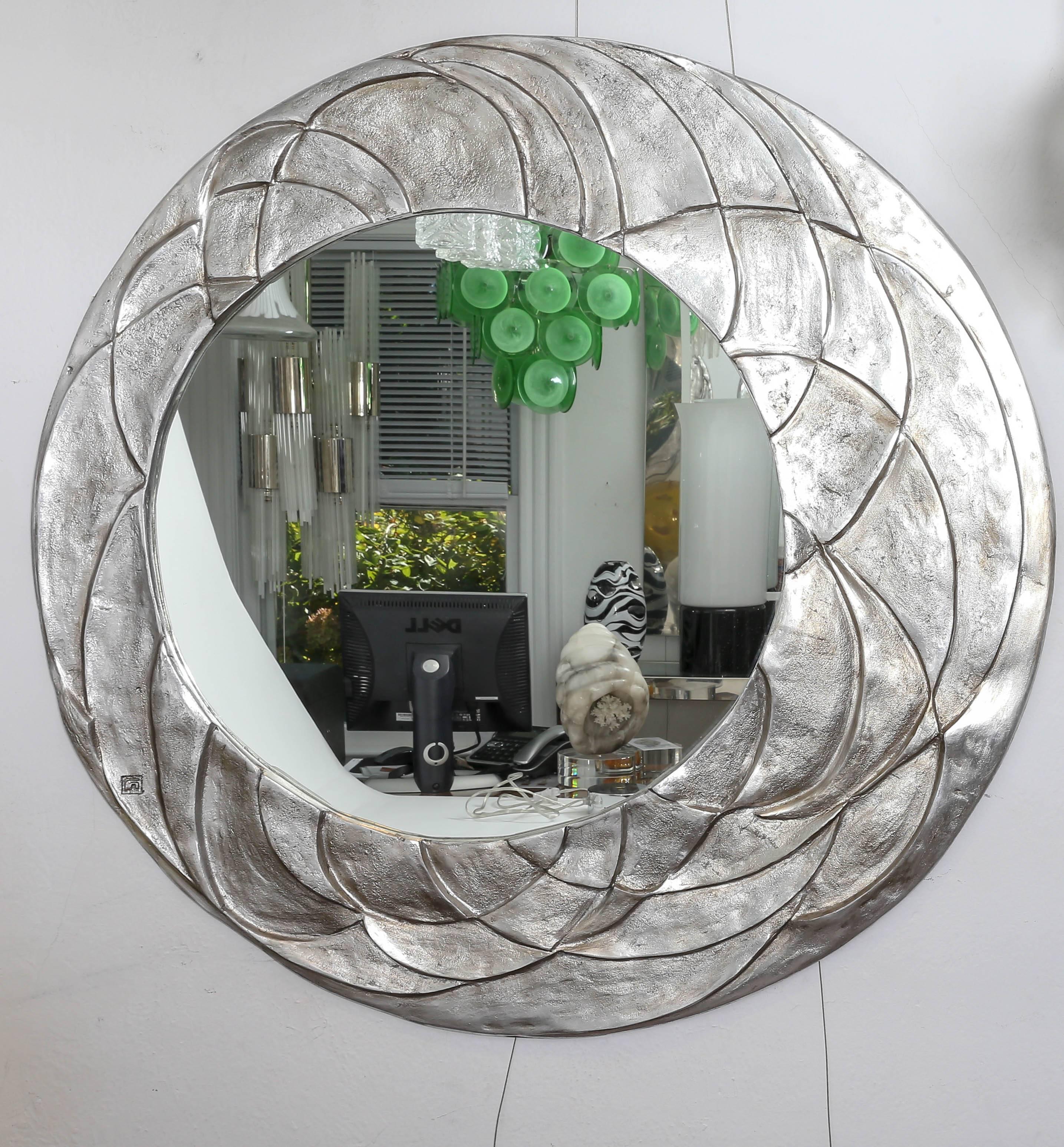 Mid-Century Modern Asymetrical Ovoid Mirror with Textured Relief Aluminium Surround