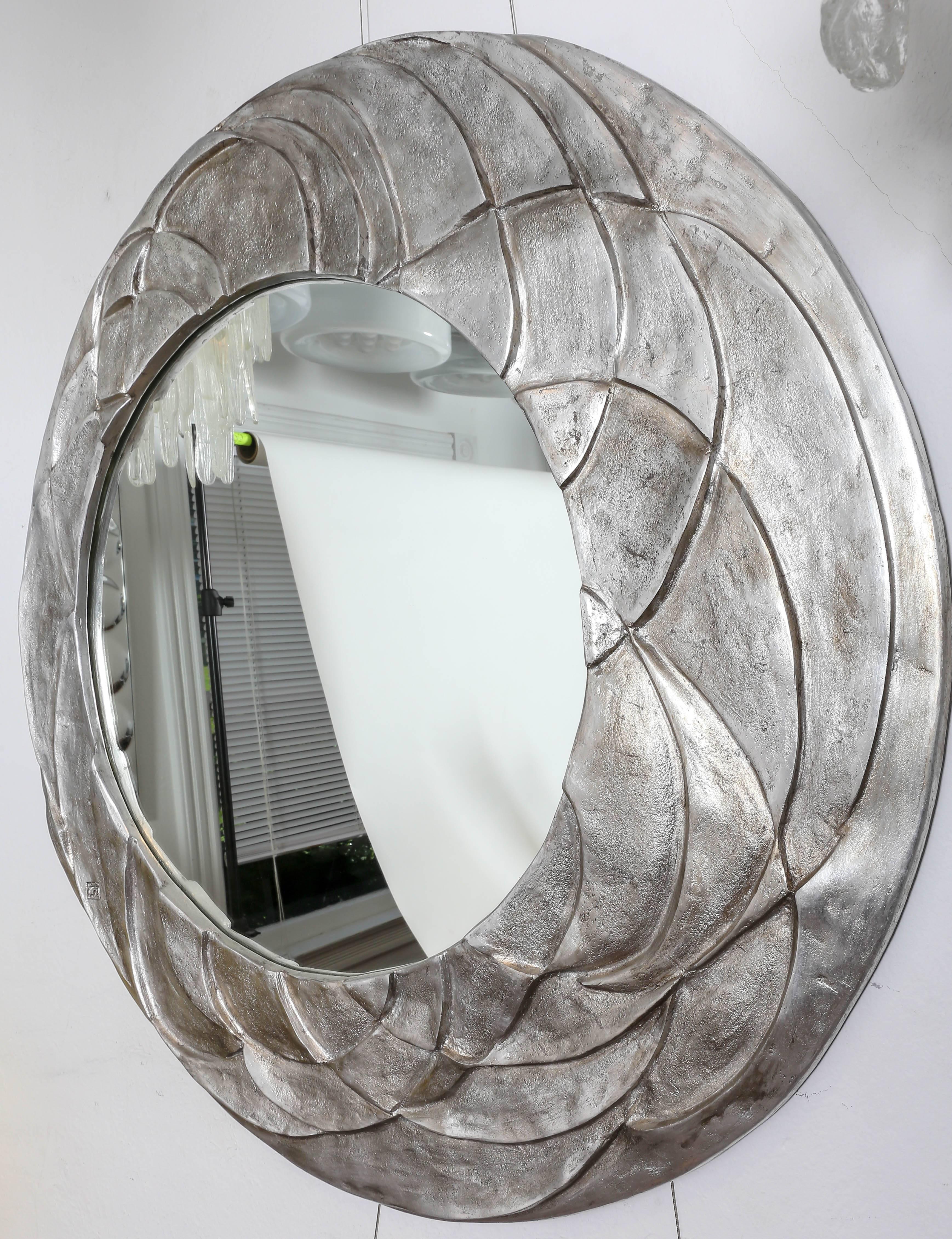Asymetrical Ovoid Mirror with Textured Relief Aluminium Surround In Excellent Condition In Bridgehampton, NY